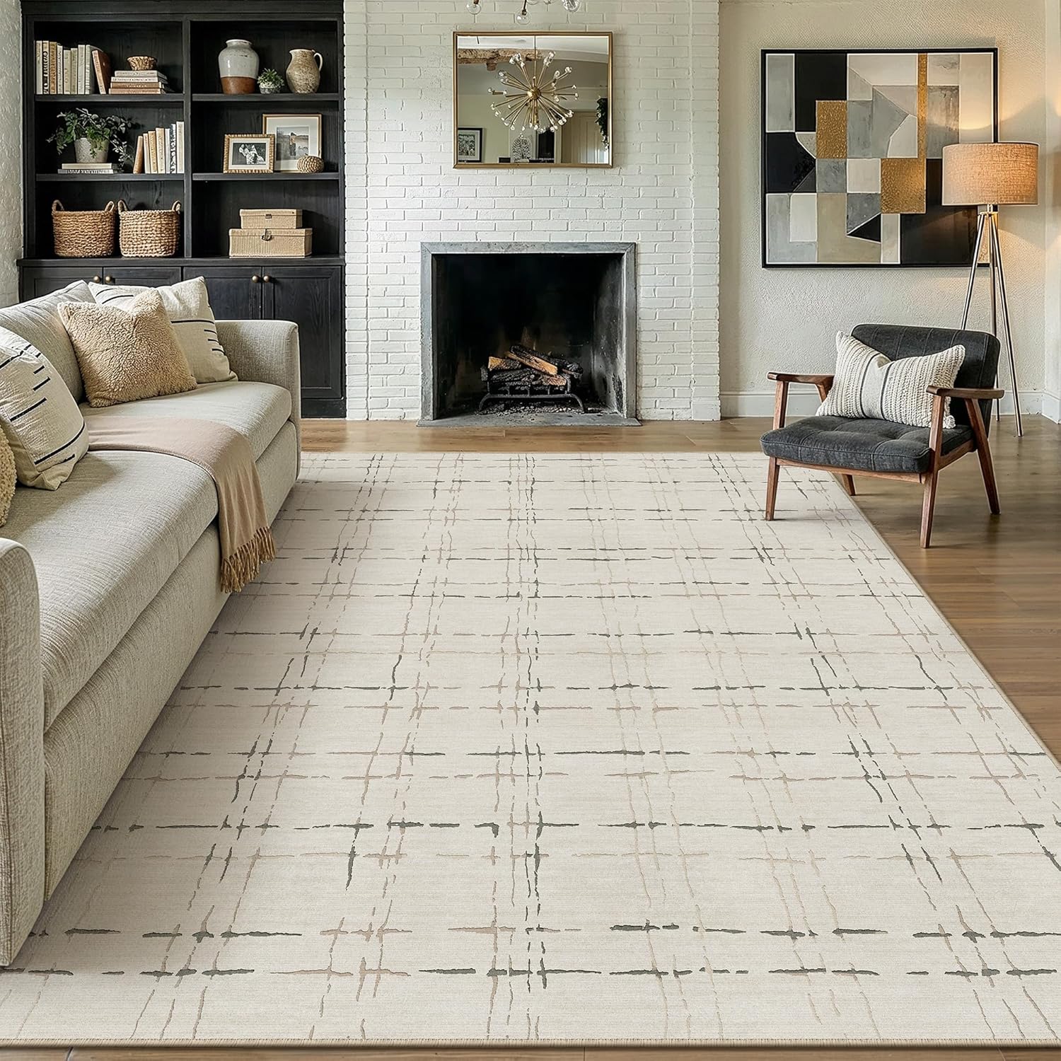 PureCozy Beige Washable 8x10 Area Rug for Living Room Neutral Modern Large Carpet Non Slip Low Pile Indoor Bedroom Soft Accent Throw Rug for Dining Room Office Nursery