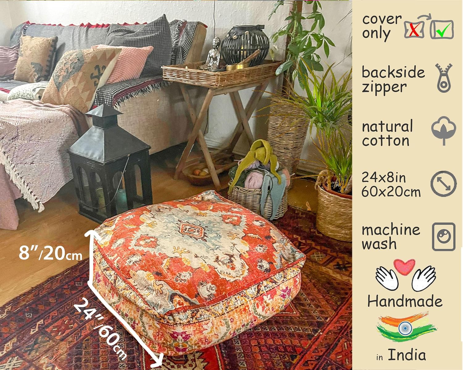 Mandala Life ART Large Yoga Décor Bean Bag Cover Orange Boho Chic Orange Decorative Floor Cushion Moroccan Seating Area Perfect for Living Room, Bedroom, Nursary or Children Room Unstuffed