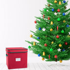 Christmas Decor Storage Box - Red Oxford Canvas Ornament Cube Chest with 64 Compartment Dividers, Riveted Handles, and Lid by Elf Stor