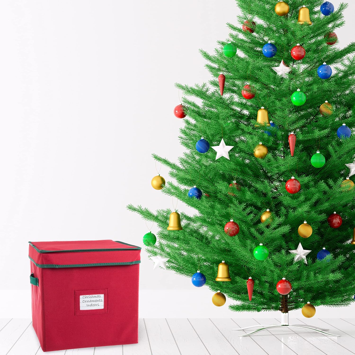 Christmas Decor Storage Box - Red Oxford Canvas Ornament Cube Chest with 64 Compartment Dividers, Riveted Handles, and Lid by Elf Stor