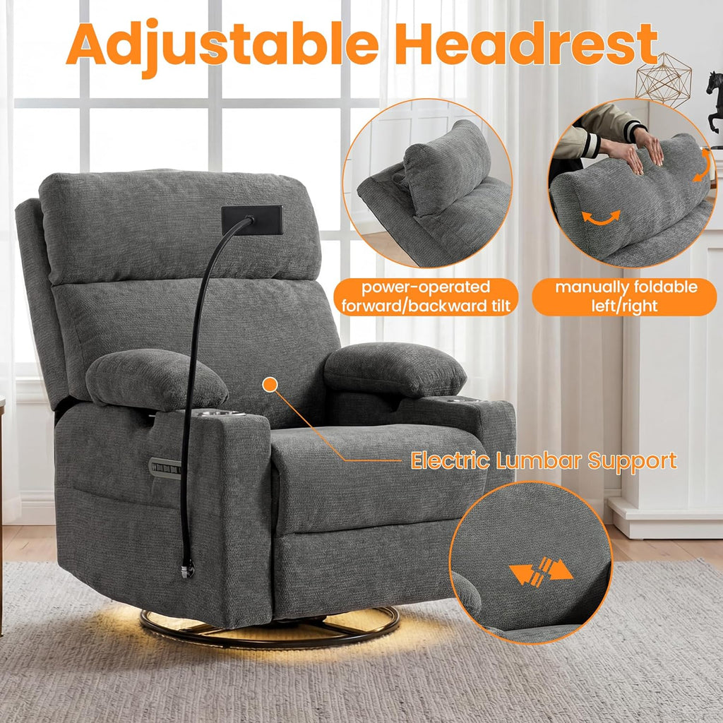 FiveWillowise Power Rocking Chair Nursery with Adjustable Armrests&Headrest, Glider Recliner Chair, Swivel Reading Chair with Electric Lumbar Support, Cup Holder, Nightlight and USB Ports, Grey