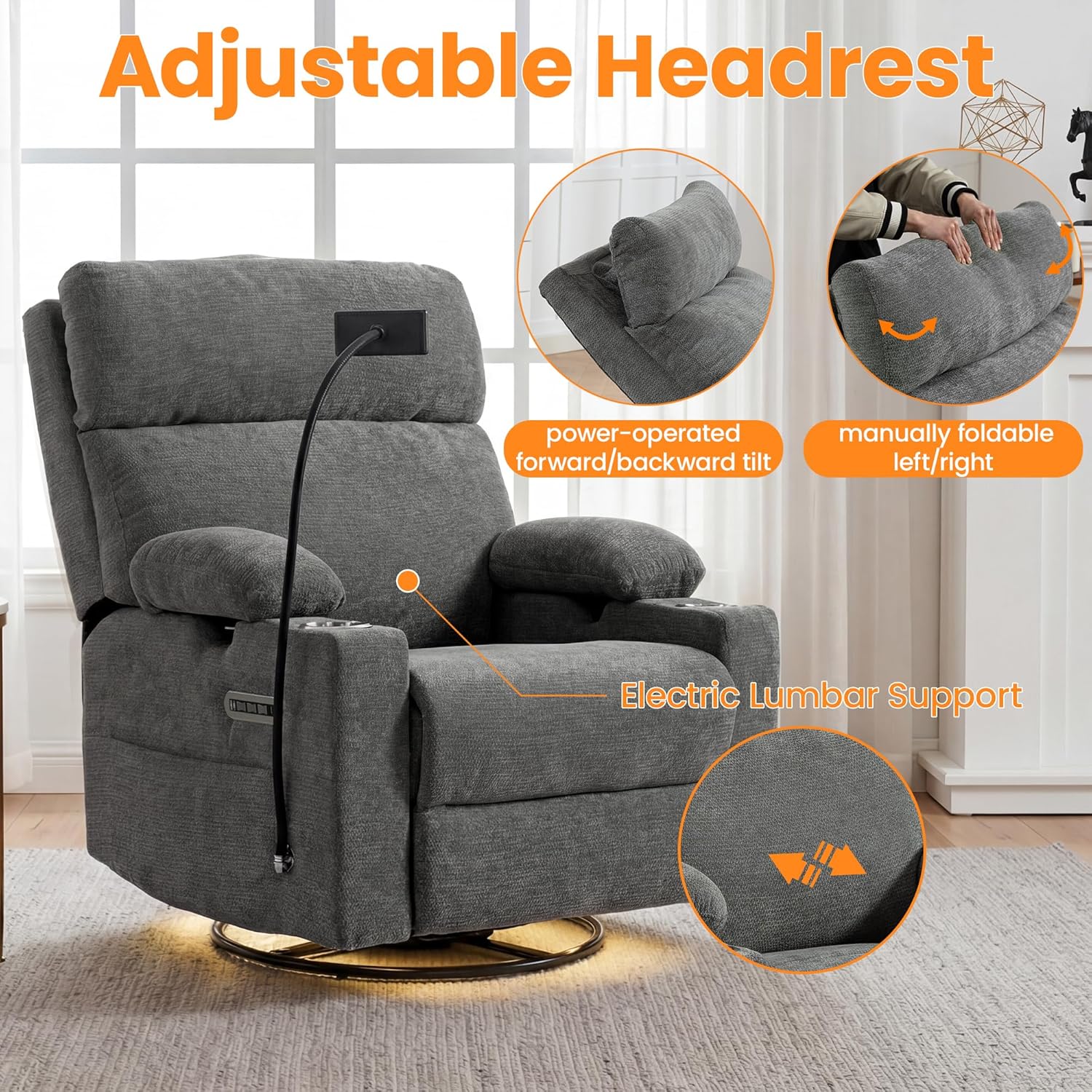 FiveWillowise Power Rocking Chair Nursery with Adjustable Armrests&Headrest, Glider Recliner Chair, Swivel Reading Chair with Electric Lumbar Support, Cup Holder, Nightlight and USB Ports, Grey