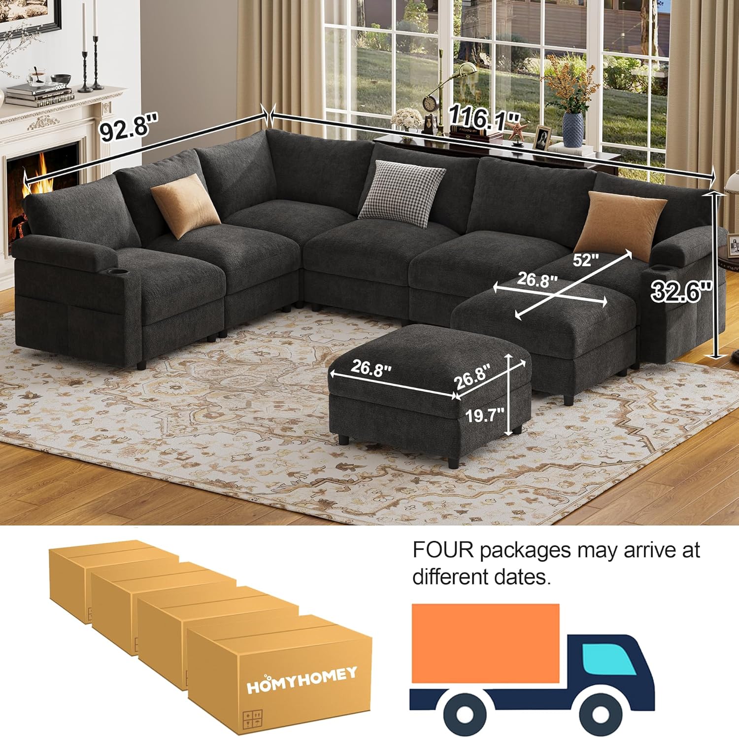 Sectional Couches for Living Room FSC Certified Velvet Modular Couch Oversized Cloud U Shaped Convertible Sleeper Sofa Chaise Detachable Armrest Cushion (Chenille Grey, U Shape 8 Seat)