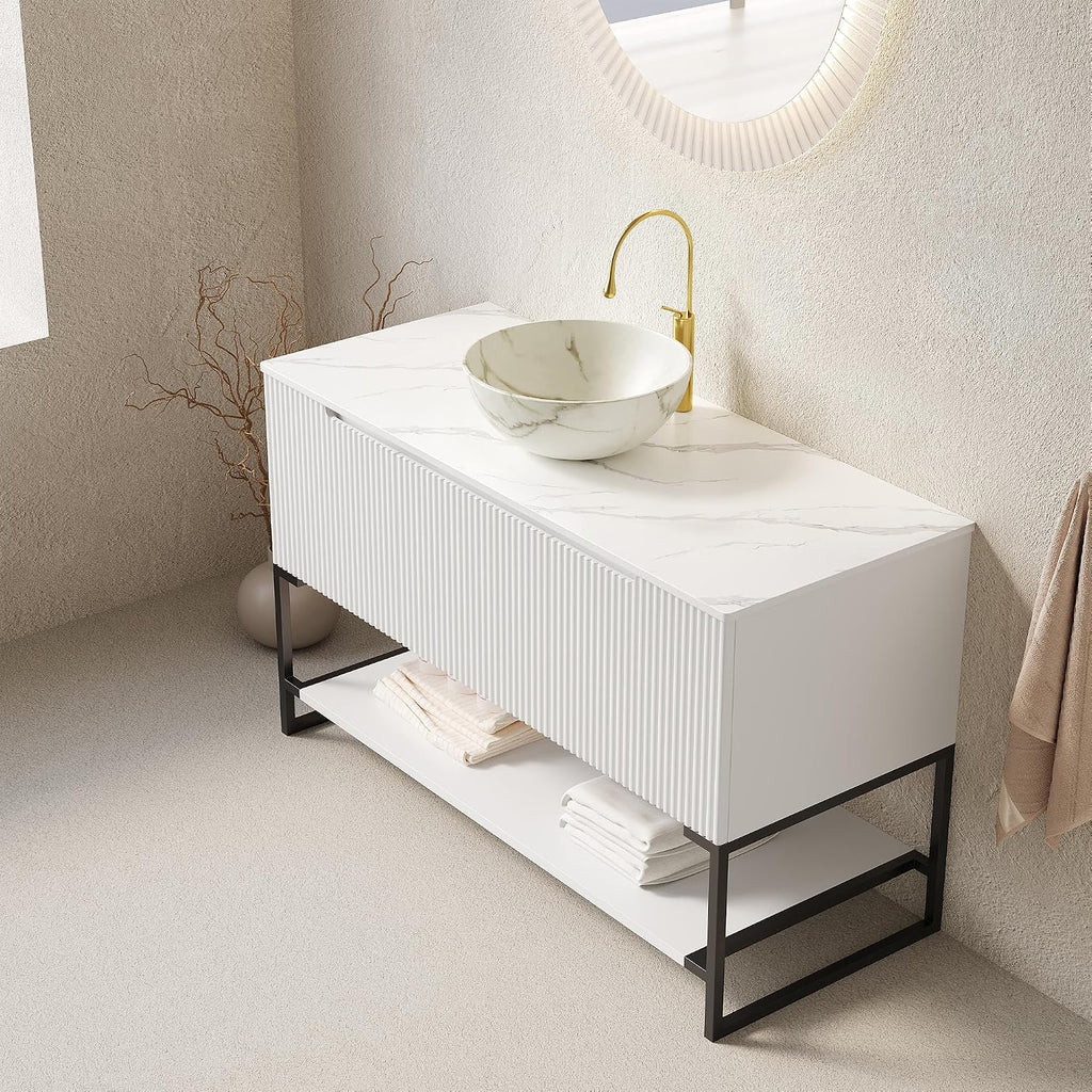 48" Bathroom Vanity with Vessel Sink & 3 Soft-Closing Doors & Open Shelf, Freestanding Bathroom Cabinet with Ceramic Basin and Carrara White Sintered Stone Counter Top-Colmar, White/S