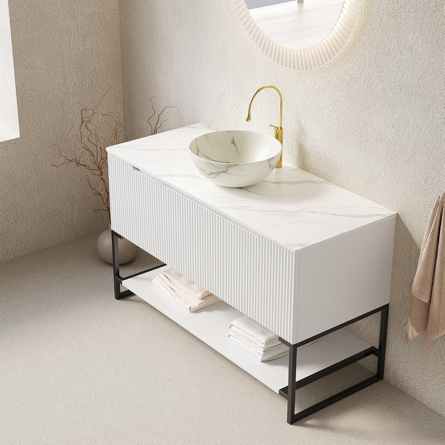 48" Bathroom Vanity with Vessel Sink & 3 Soft-Closing Doors & Open Shelf, Freestanding Bathroom Cabinet with Ceramic Basin and Carrara White Sintered Stone Counter Top-Colmar, White/S