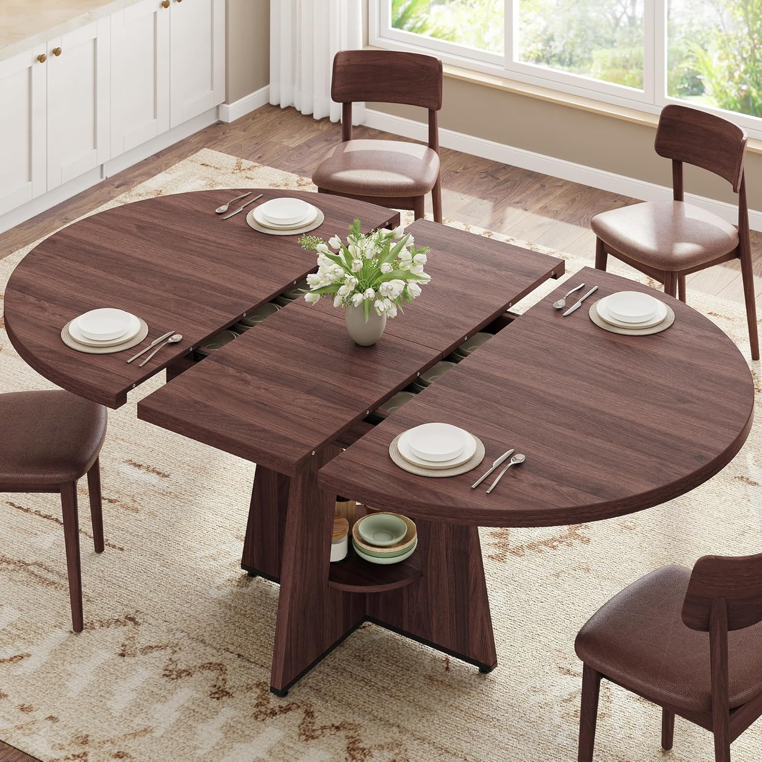 Extendable Dining Table, Round Kitchen Dining Room Dinner Table with for 4 6 8 People, Space Saving Modern Oval Expandale Furniture with Storage and Pedestal for Kitchen Living Room (Brown)