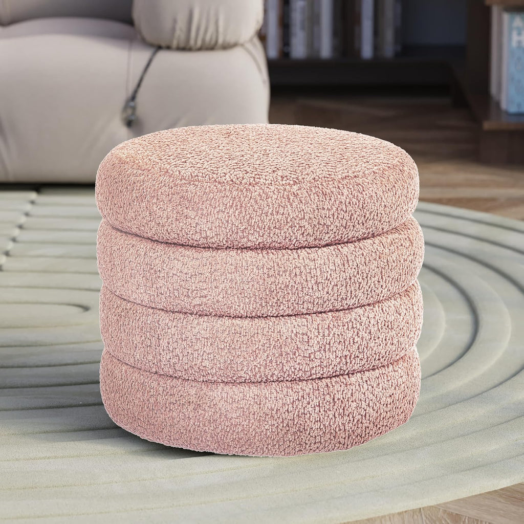 allamazing Storage Ottoman, Round Ottoman with Storage, Vanity Stool Foot Rest with Removable Lid, Round Boucle Upholstered for Living Room Pouf Footstool (Pink)