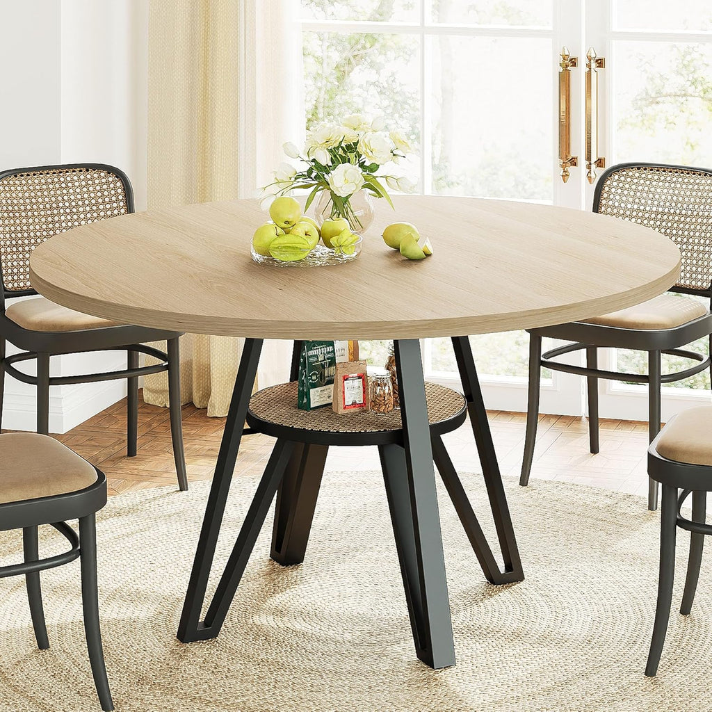 LIKIMIO 47.2" Round Dining Table for 4, Kitchen Table with Rattan Storage Shelf, Space Saving, Farmhouse Wood for Dining Room, Living Room,Natural