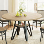LIKIMIO 47.2" Round Dining Table for 4, Kitchen Table with Rattan Storage Shelf, Space Saving, Farmhouse Wood for Dining Room, Living Room,Natural