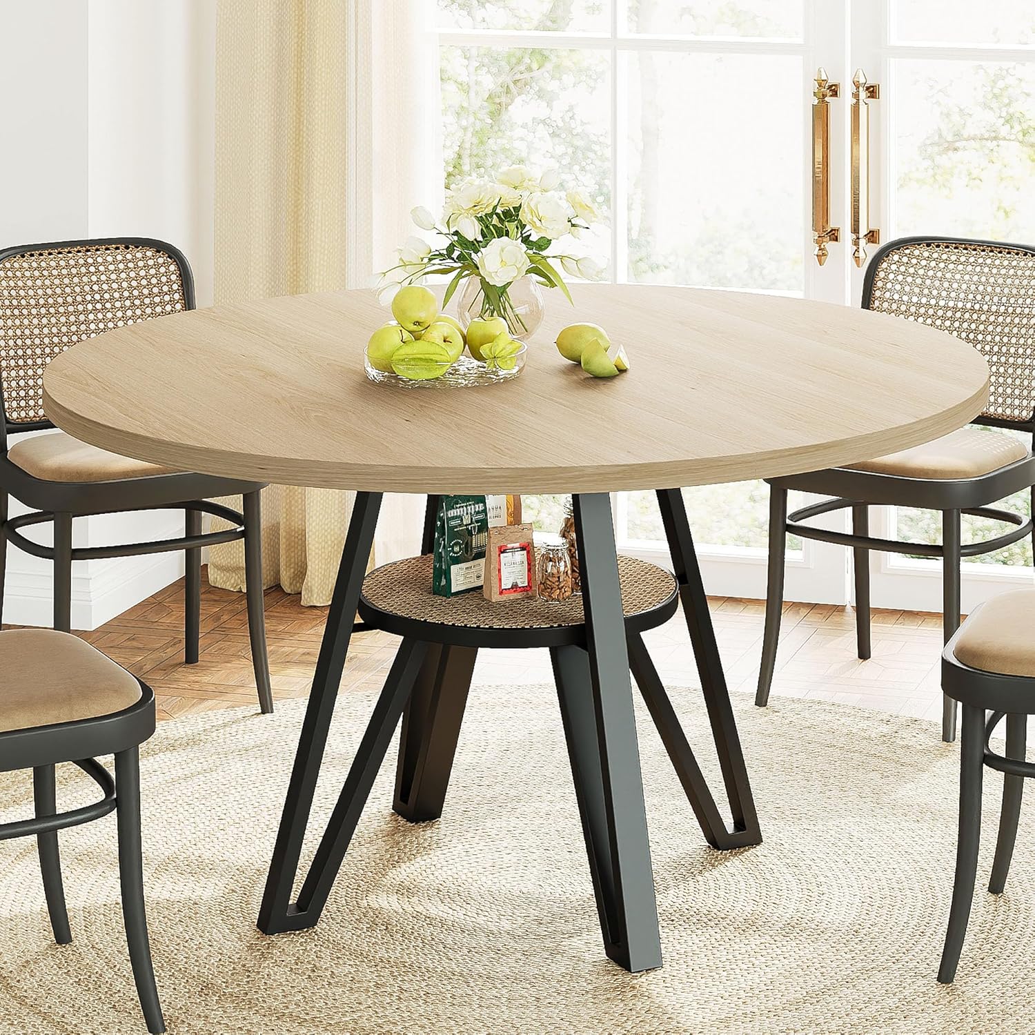 LIKIMIO 47.2" Round Dining Table for 4, Kitchen Table with Rattan Storage Shelf, Space Saving, Farmhouse Wood for Dining Room, Living Room,Natural
