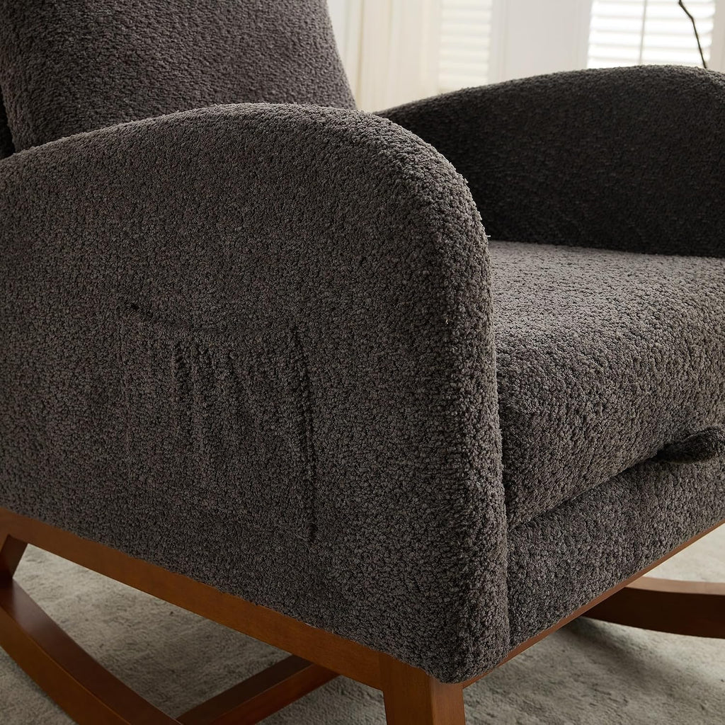 Upholstered Rocking Chair,25.4" Wide Rocking Chair Nursery with Retractable Footrest and Side Pocket, High Back Rocking Chair Accent Armchair for Living Room, Bedroom,Rubber Wood Legs (Charcoal)