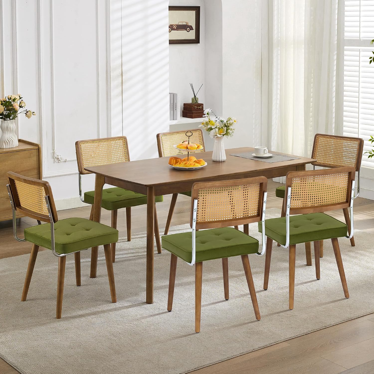 GarveeHome Natural Rattan Dining Chairs Set of 4, Velvet Upholstered Kitchen Chairs with Tall Cane Backrest and Strong Wood Legs for Dining Room, Kitchen, Restaurant, Green