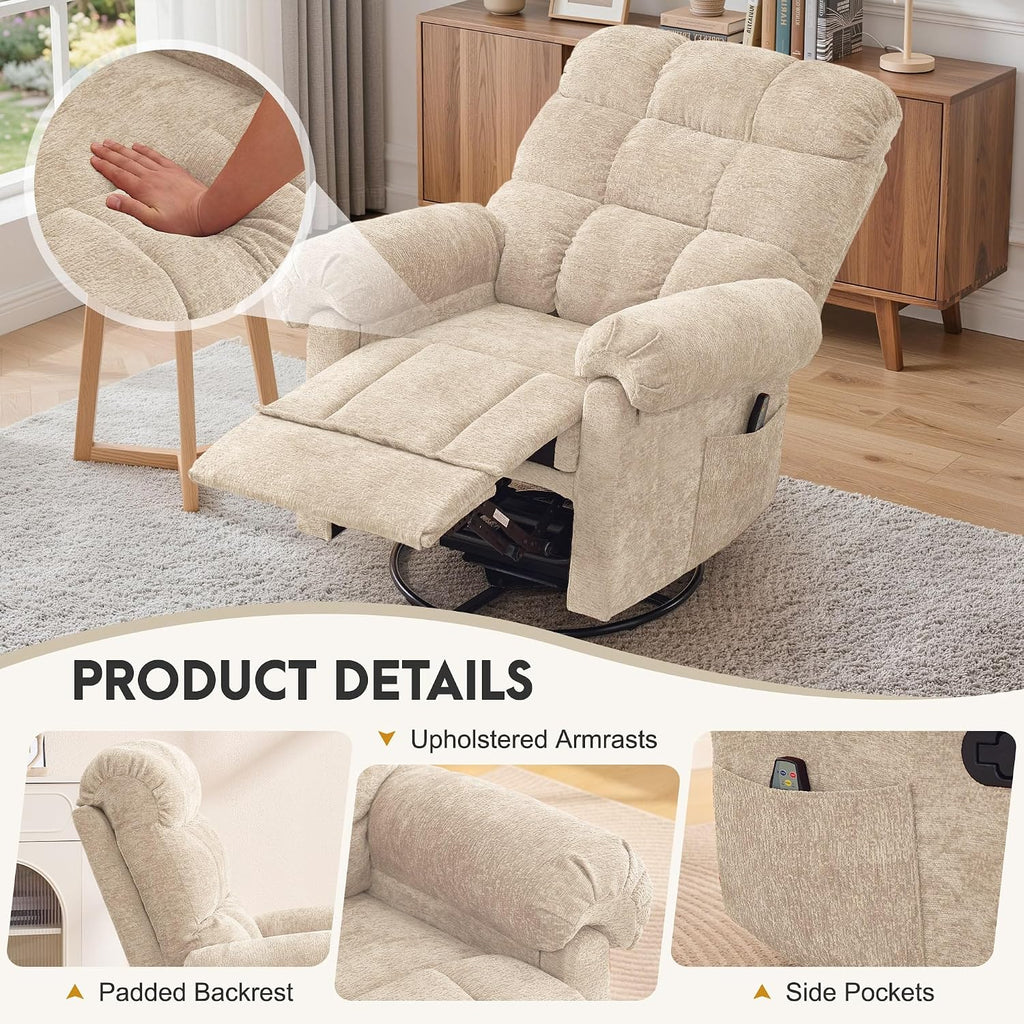 Korser 360° Swivel Rocker Recliner Chair, Rocking Chair Nursery with Massage and Heat, Small Recliners for Small Space, Manual Recliner Chair with Cozy Chenille Fabric, Side Pockets for Living Room
