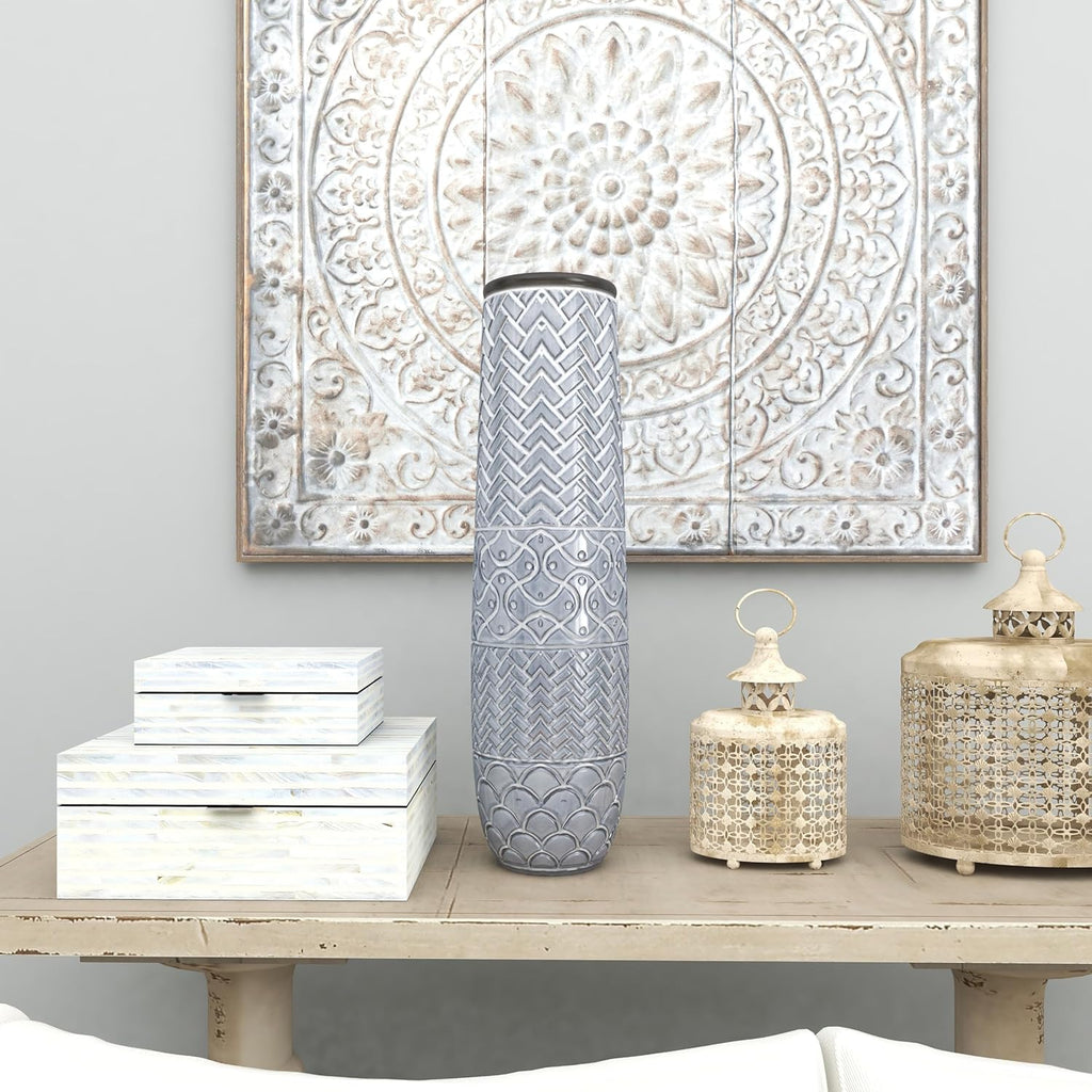 Deco 79 Ceramic Decorative Vase Slim Engraved Patterned Centerpiece Vase, Flower Vase for Home Decoration 7" x 7" x 22", Gray