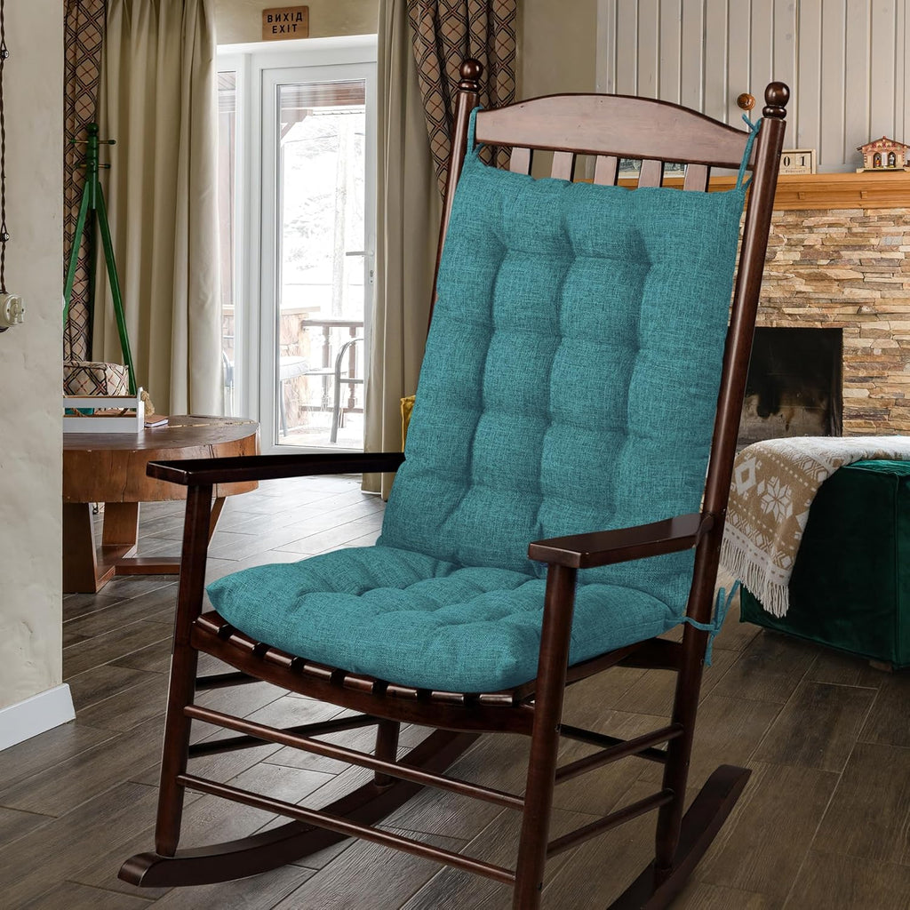 ELFJOY Rocking Chair Cushion Large Rocking Chair Pads with Ties Premium Linen High Back and Seat Cushion 2 Piece Set Linen Retro Blue
