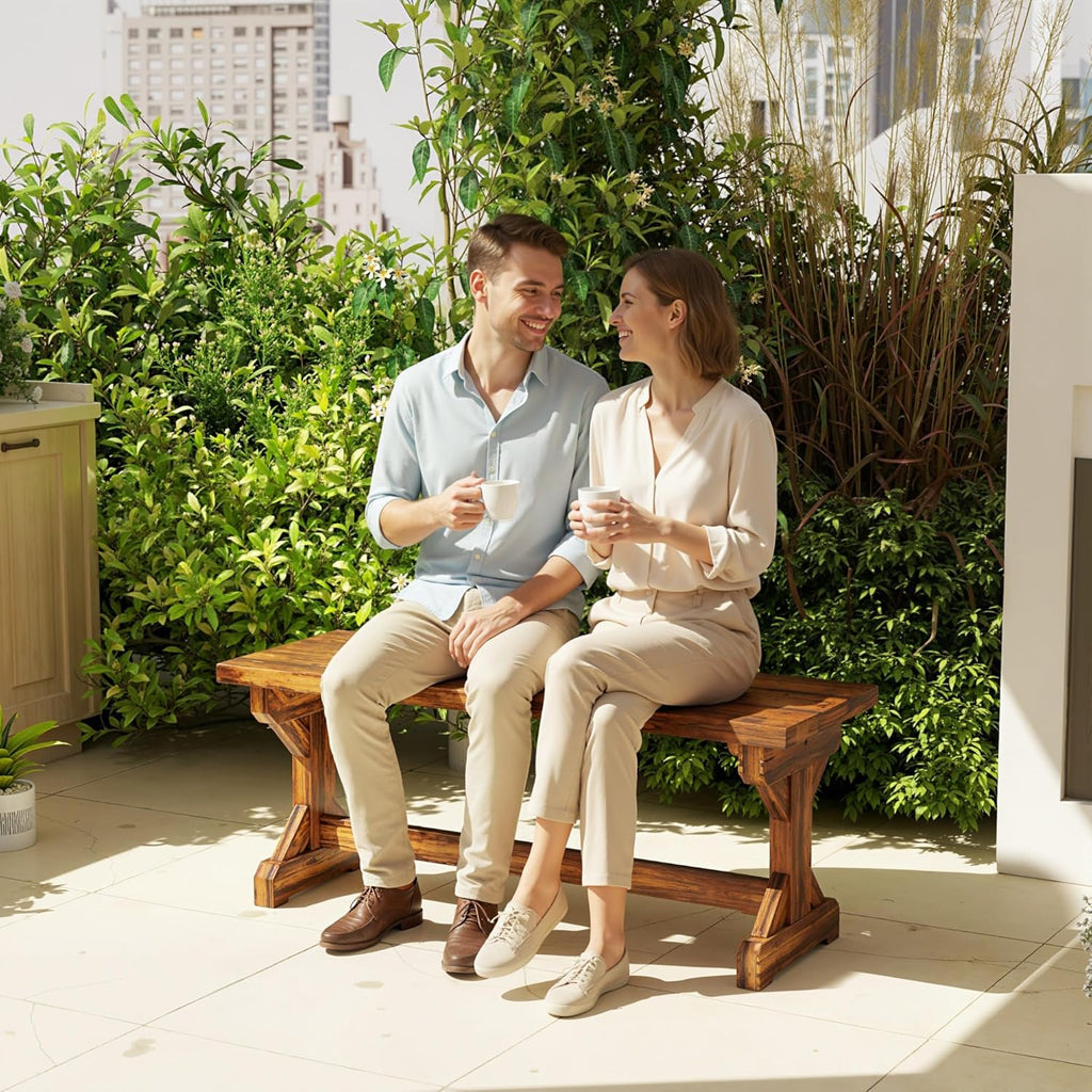 Outsunny Outdoor Wooden Bench, 2-Person Rustic Patio Garden Bench Seat, Backless Outdoor Loveseat with Farmhouse X-Shaped Base for Porch, Park, Lawn, Yard, Carbonized