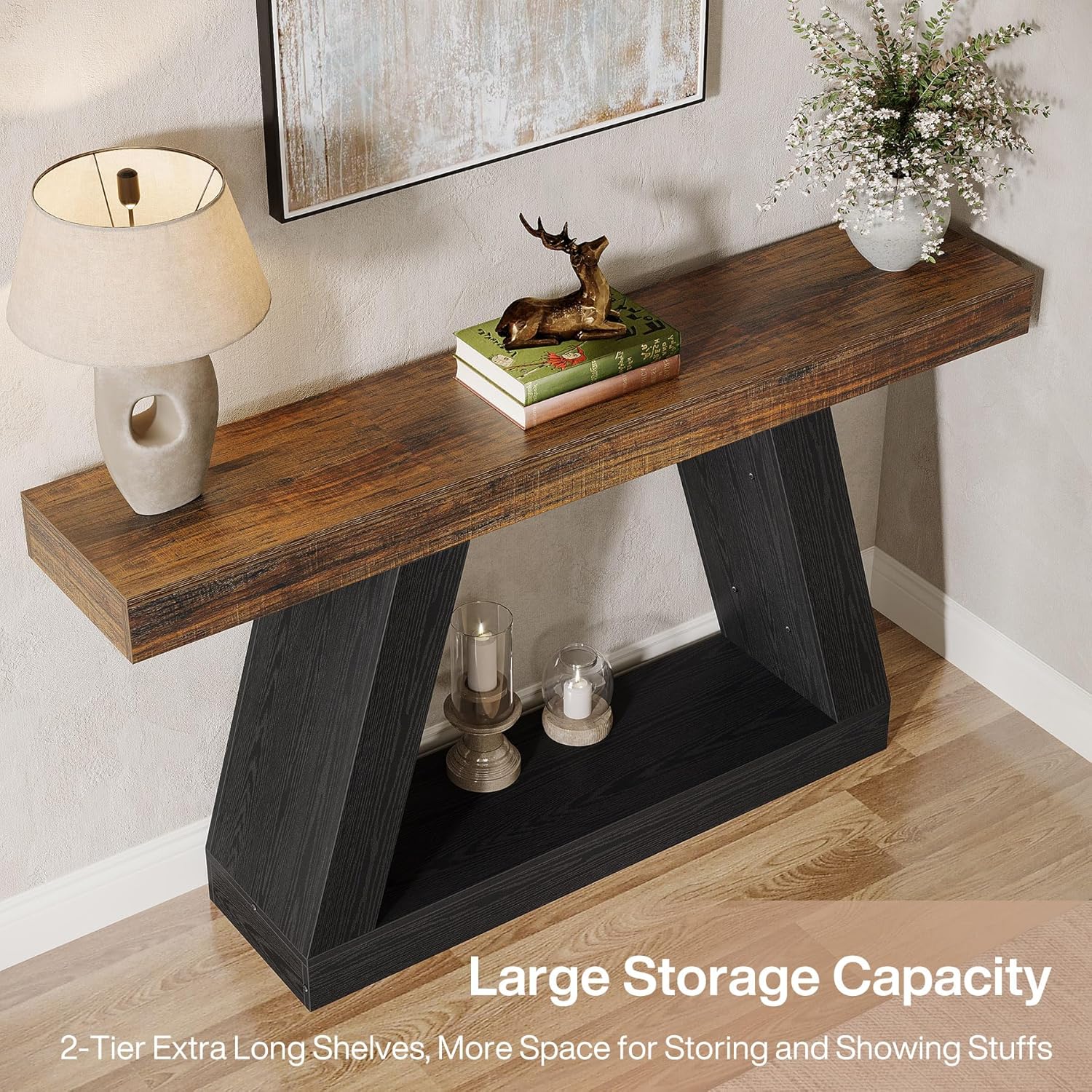 Tribesigns Farmhouse Console Table, 55-Inch Rustic Sofa Table with Storage, Industrial Wooden Entryway Table for Hallway, Living Room, Black & Brown