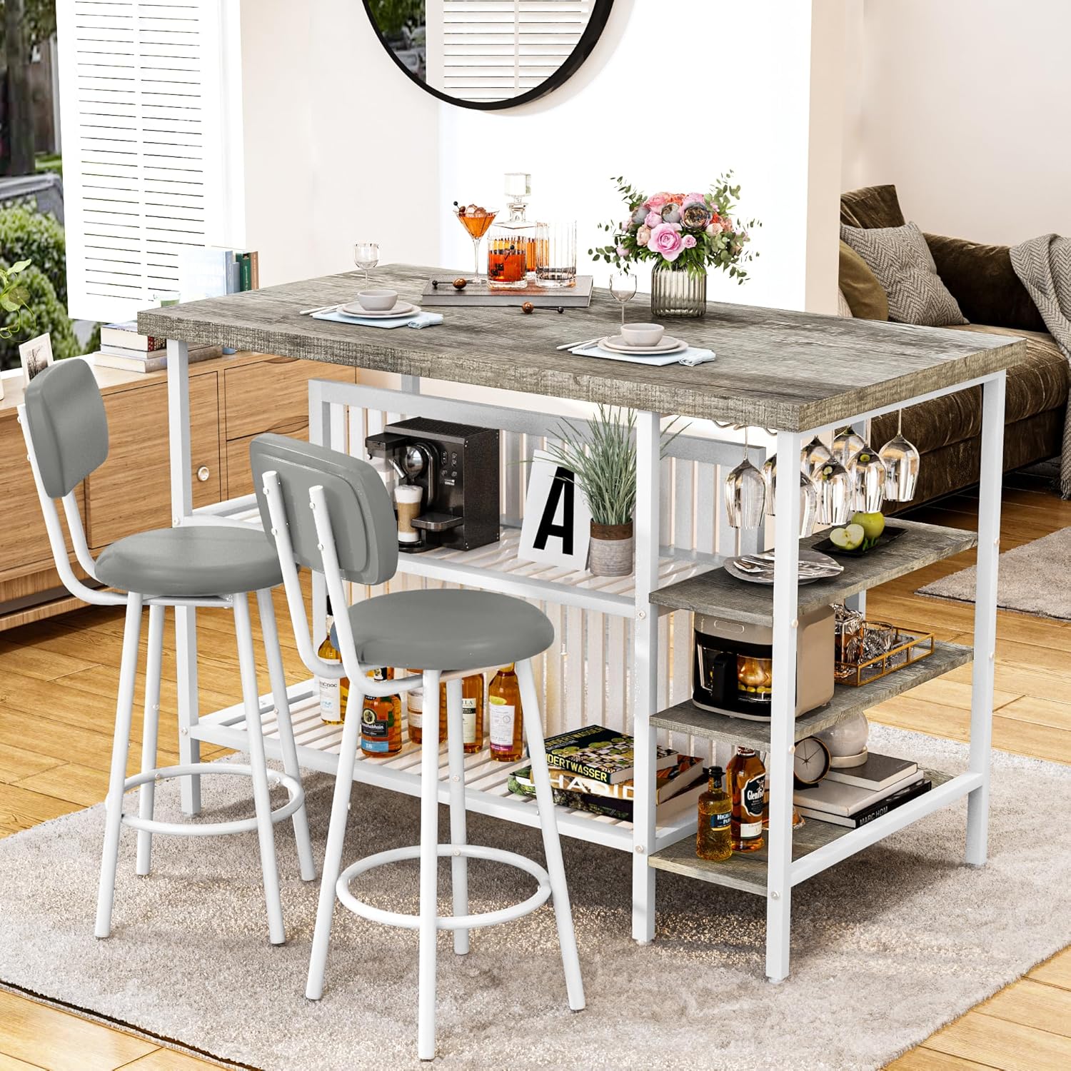 Kitchen Island with Storage Small Dining Table for 2, Kitchen Table Chairs Set of 2 Dining Room Set for Small Space (Grey)