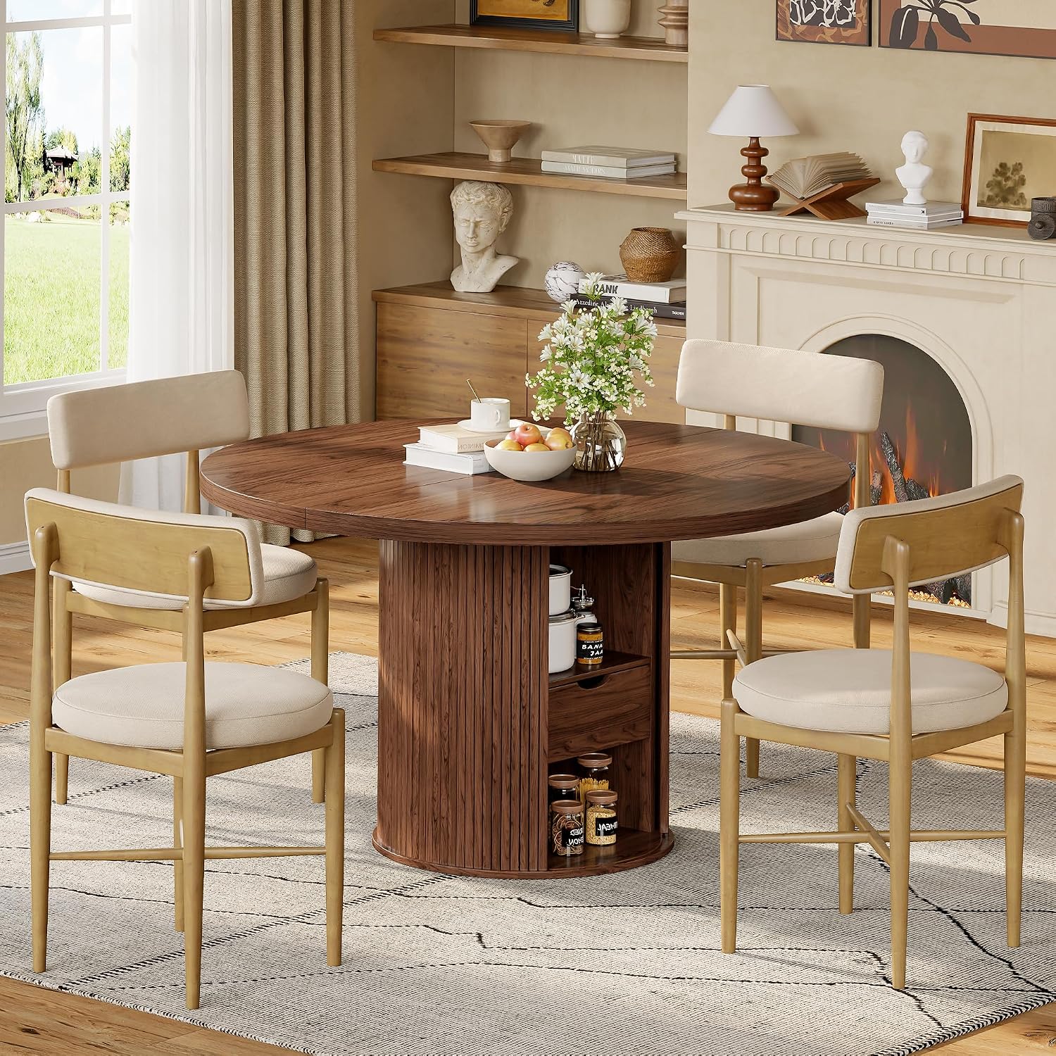 47 Inch Round Dining Table for 4-6, Farmhouse Kitchen Table with 2-Layer Storage Shelf & Drawer and Sliding Door, Sturdy Wooden Dining Table with Fluted Pedestal Base for Kitchen, Living Room, Walnut