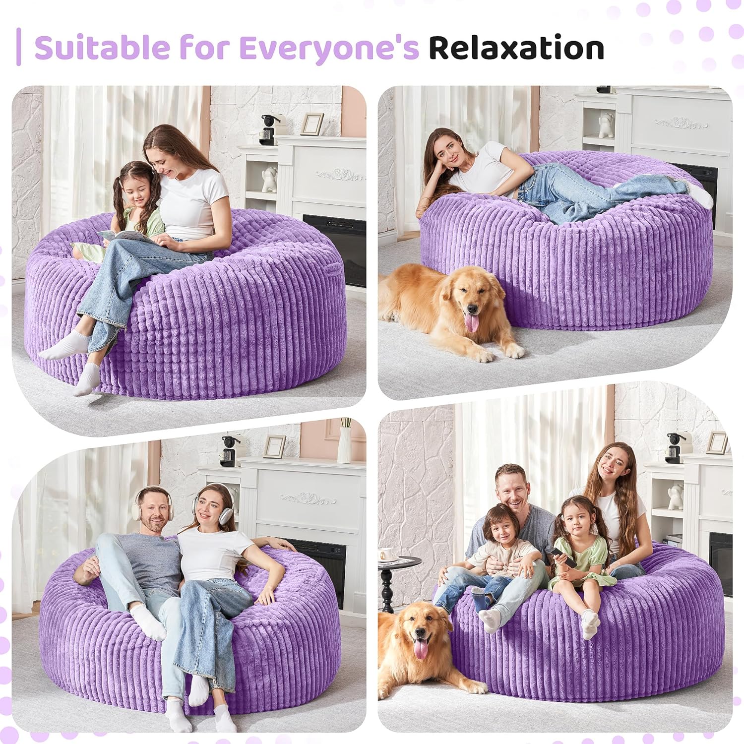 HABUTWAY 3FT Bean Bag Chair, 3' Large Bean Bag Chairs for Adults with Stripe Plush Cover, Memory Foam Beanbag Chair for Living Room Bedroom Dorm，Purple