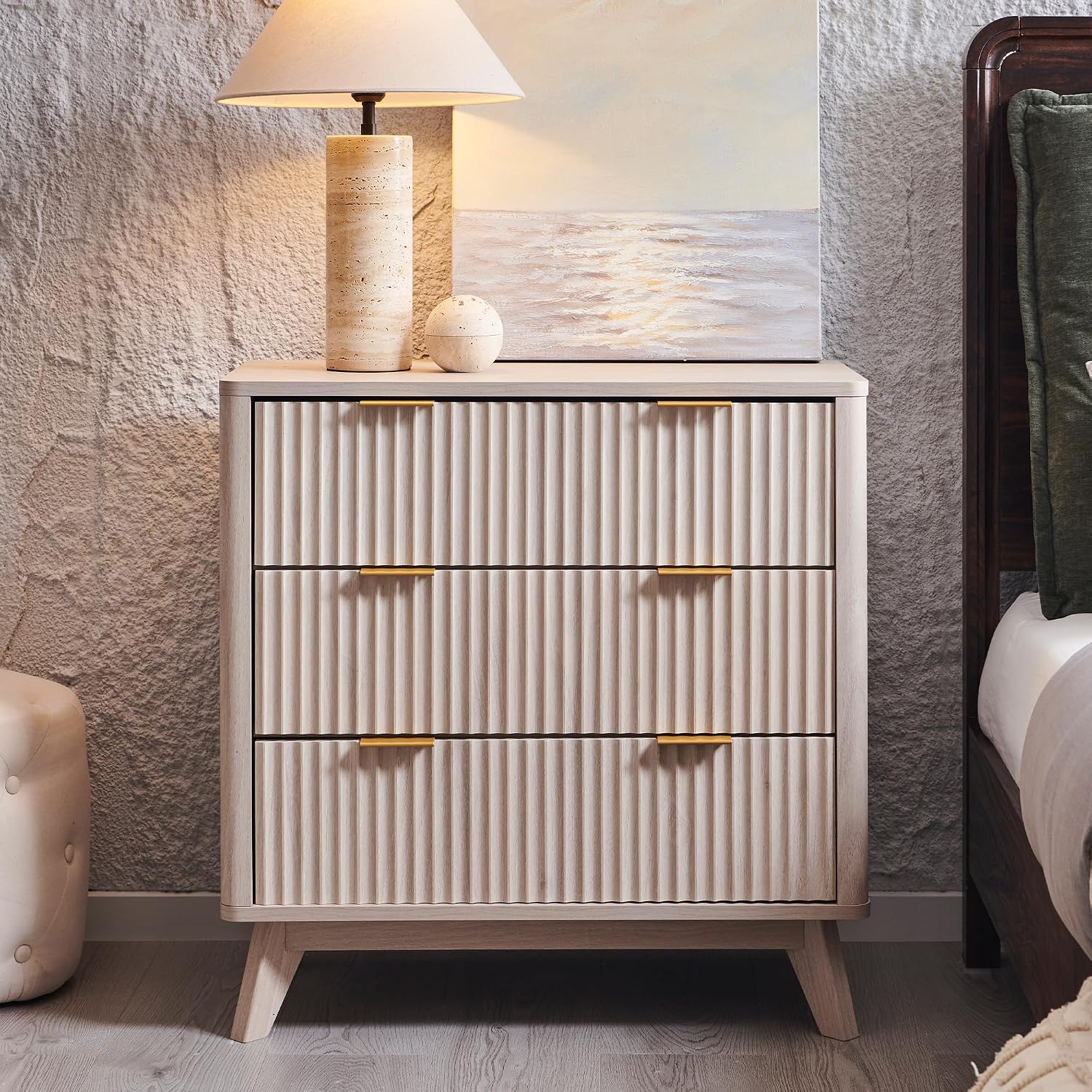 T4TREAM 32" Large Fluted Nightstand with 3 Drawers, White Alder | Oversized, Mid Century Modern, Curved Profile, Metal Handles, Smooth Slides, Spacious Drawers, for Bedroom, Living Room