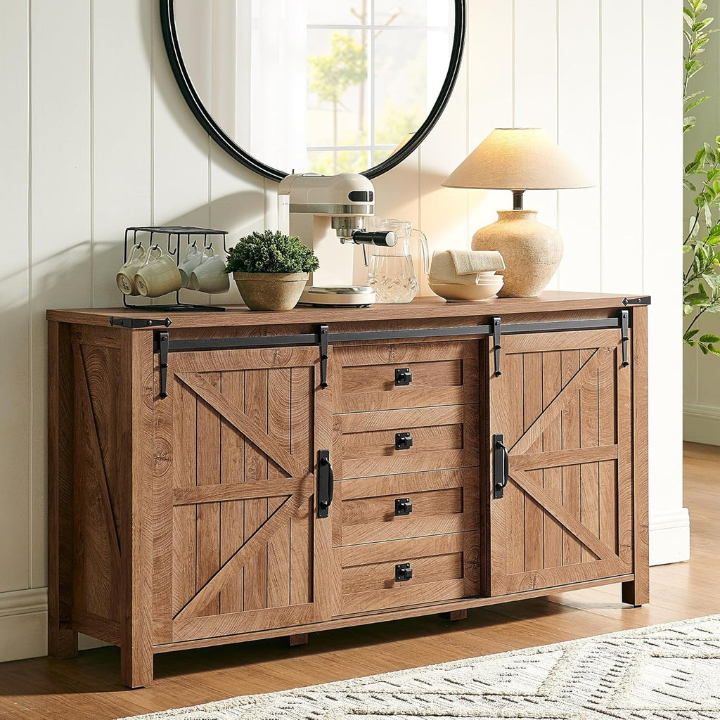 T4TREAM Farmhouse Sideboard Buffet Cabinet with Storage, 60" Large Kitchen Cabinet w/Sliding Barn Doors and 4 Drawers, 31.2'' Tall Wood Coffee Bar Table for Dining Room, Light Tree Knot