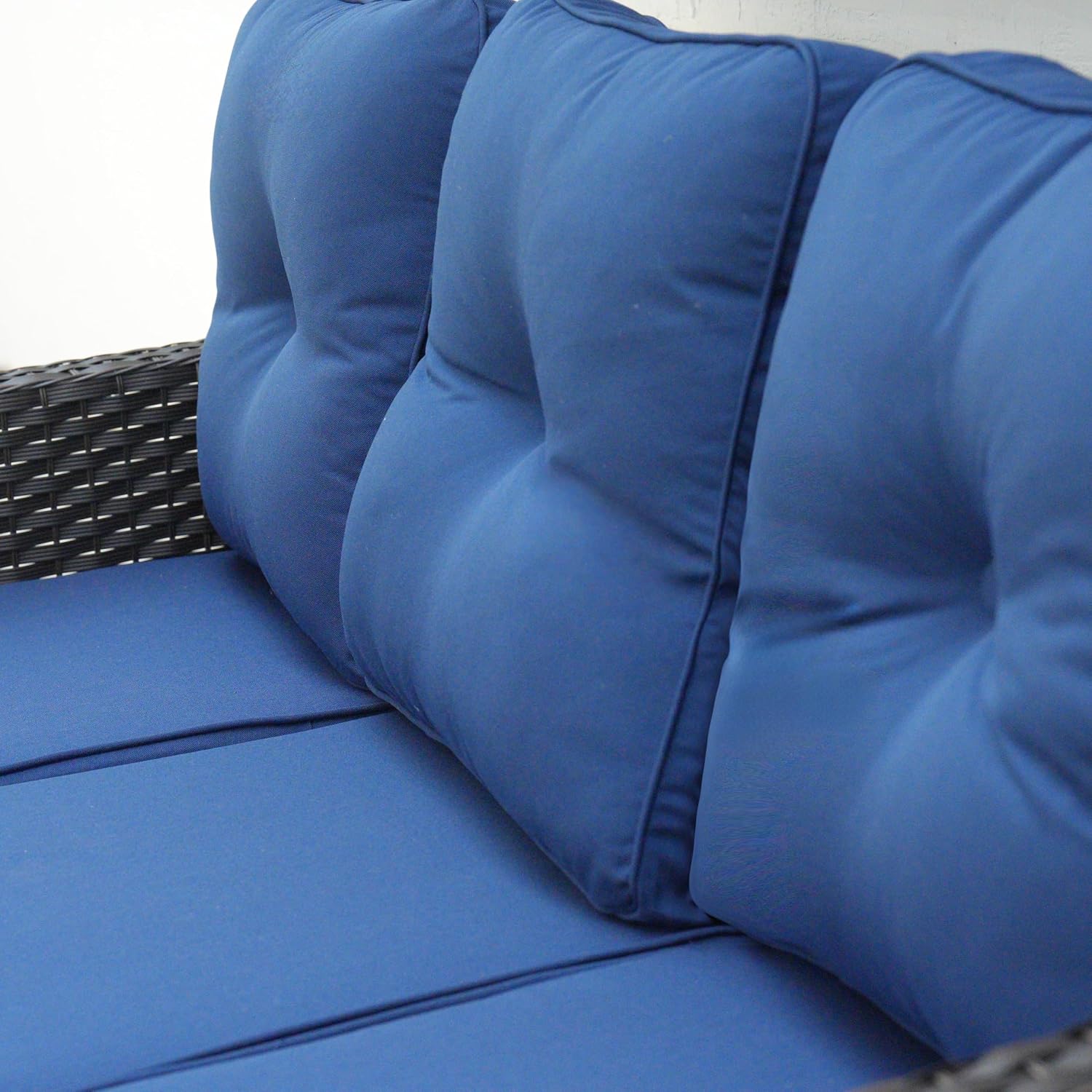 Sundale Outdoor Wicker 3-Seat Patio Sofa, Luxury Outdoor Couch with High Back & Wider Armrests, Patio Furniture with 6-inch Cushions for Yard, Deck, Poolside (Blue)