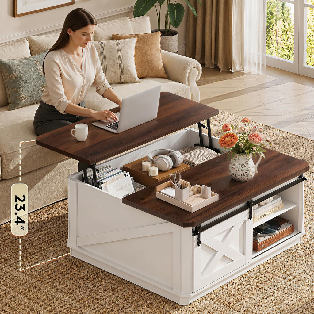 WLIVE Lift Top Coffee Table with Storage, 35.5" Farmhouse Coffee Table for Living Room, Square Center Table with Large Hidden Compartment and Adjustable Shelves White