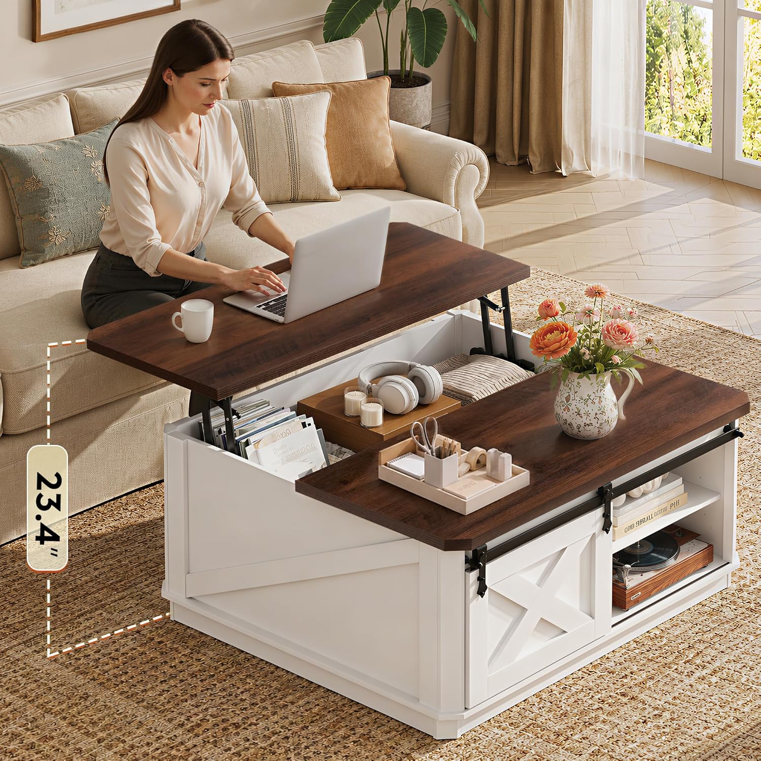 WLIVE Lift Top Coffee Table with Storage, 35.5" Farmhouse Coffee Table for Living Room, Square Center Table with Large Hidden Compartment and Adjustable Shelves White