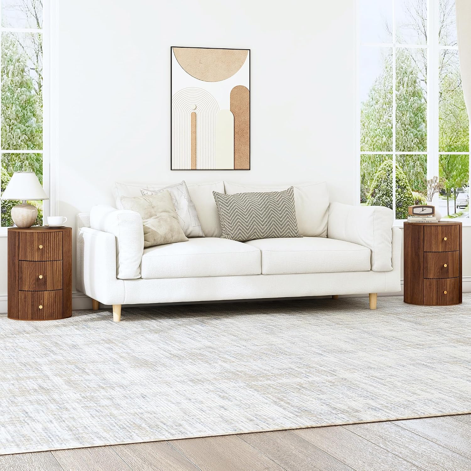 FurSch Fully Assembled Round End Table with 3 Storage Drawers, 15.75”Mid Century Side Table for Living Room, 3 Drawers Nightstand for Bedroom, Circle Sofa Bedside Table (Walnut-Round, 1 PC)