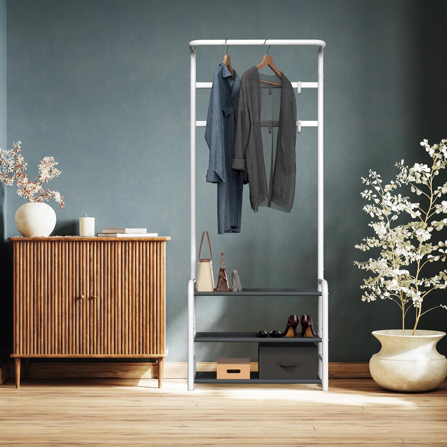 Simple Houseware Coat Rack with Shelf, Standing Hall Tree with Hooks, White | For Entryway, Bedroom, Office, White Metal Clothes Hanger Stand for Coats, Hats, Jackets, Bags