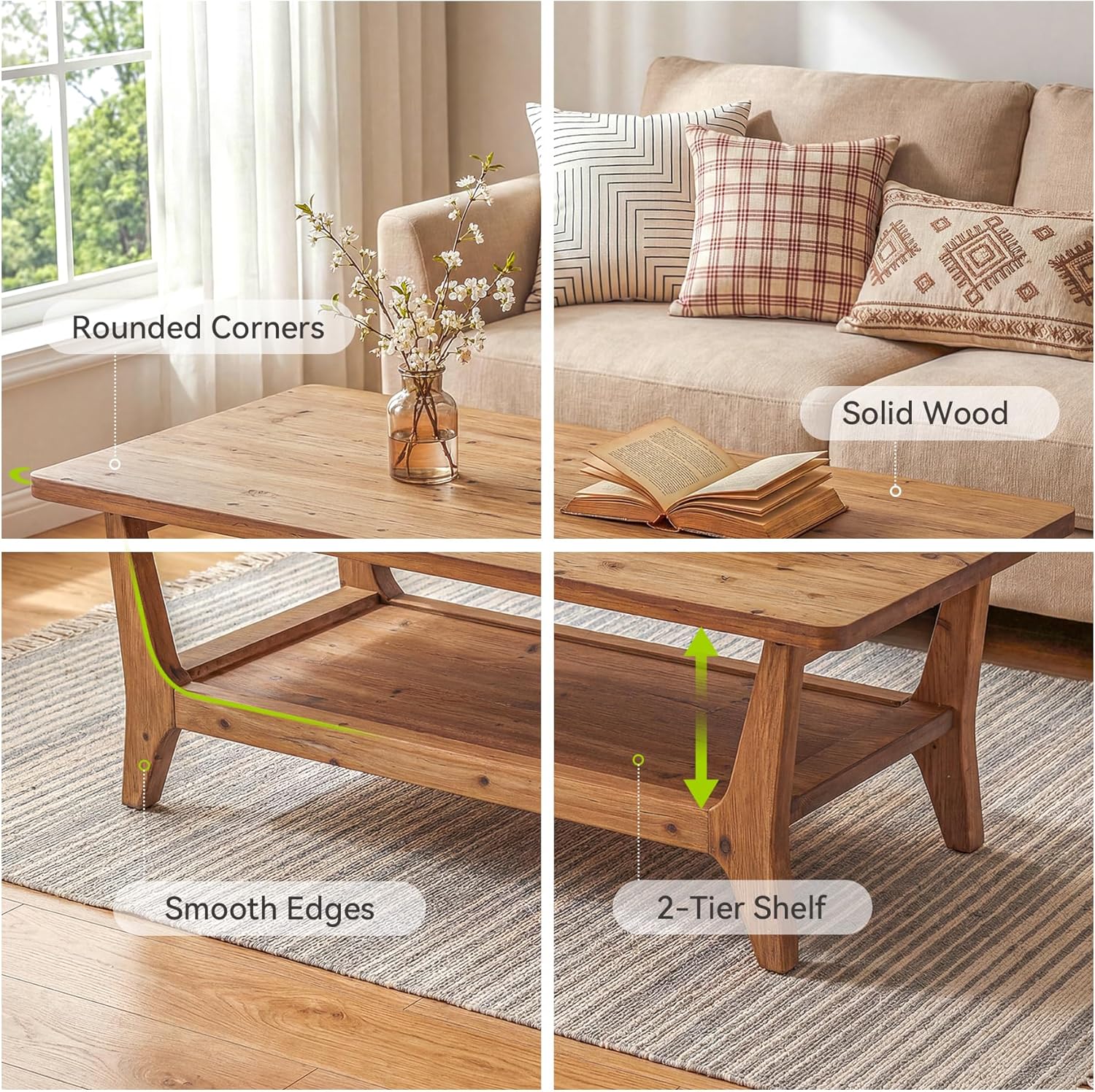 LITTLE TREE Solid Wood Coffee Table, 47-Inch Living Room Center Table with Shelf, 2-Tier, Smooth Corners, Lightweight, Easy Assembly, 23.6" D x 47.2" W, Warm Cedar Brown Finish