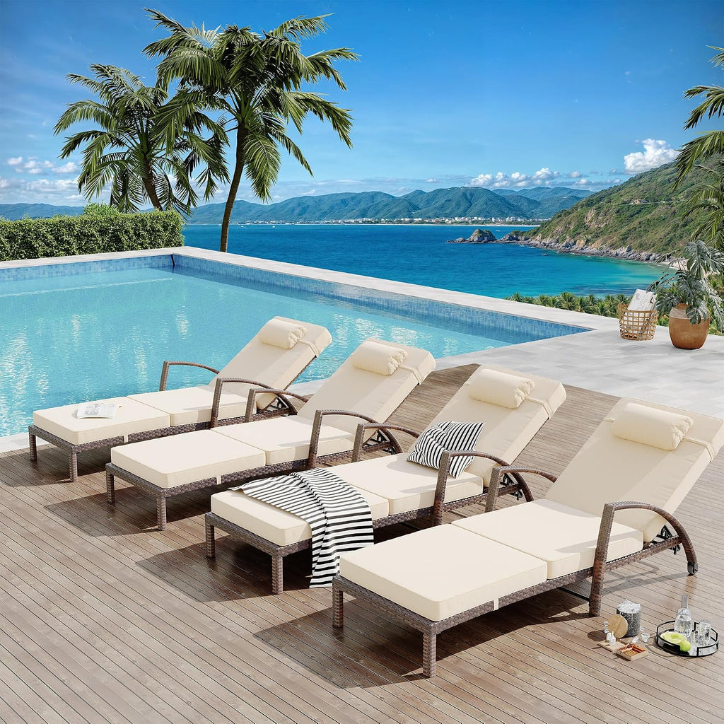 Outdoor Lounge Chairs Set of 2, Pool Lounge Chairs for Outside Patio Furniture, Outdoor PE Rattan Wicker Patio Chaise with 5-Positions Adjustable for Poolside, Deck,Beige