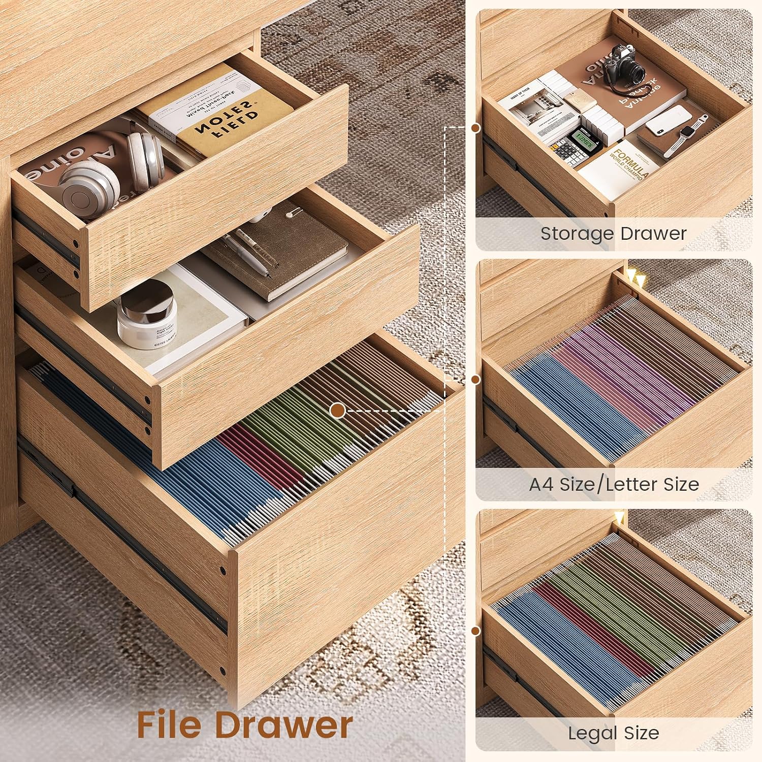 SEDETA 63" L Shaped Desk with 3 Drawers, Modern Executive Office Desk with File Drawer, Wood Corner Computer Desk with Relief Texture, Home Office Desk with Power Outlet, Natural
