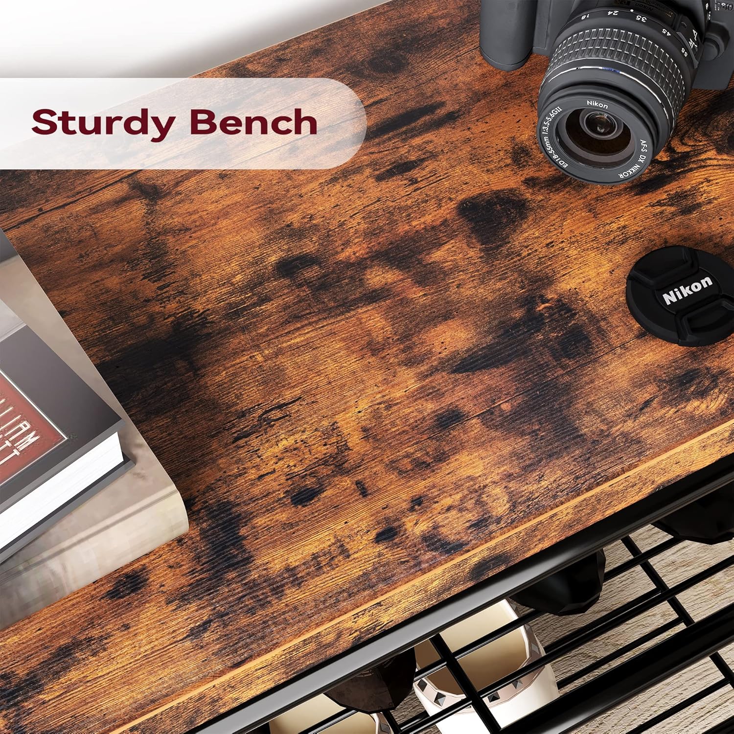 Alkmaar Entryway Bench with Coat Rack, Retro Brown, Made of Engineered Wood, 23.5" L x 11.8" W x 70.7" H