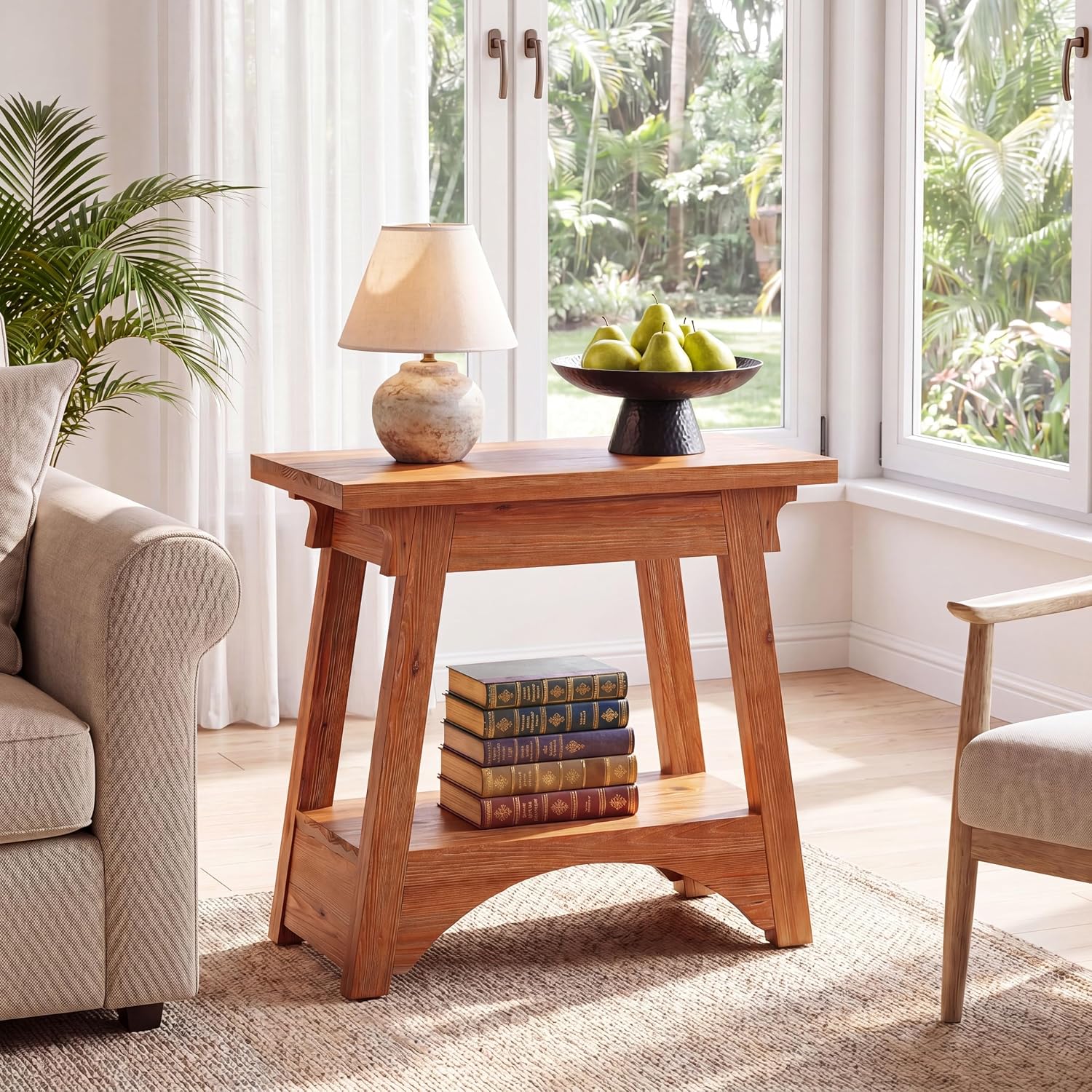 End Table for Living Room, Solid Wood Side Table with Storage, Farmhouse Narrow Nightstand for Bedroom, Small Spaces, Rustic Brown
