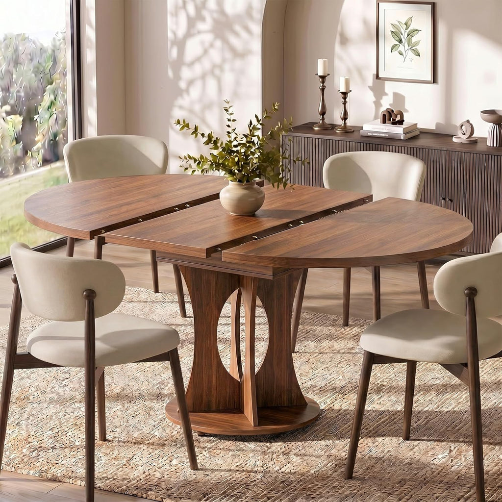 Einhomn 43-59" Extendable Round Dining Table, Kitchen Table for 4-8, Farmhouse Circle Dining Room Table with Removable Leaves,Hidden Storage, Space Saving Wood Kitchen & Dining Room Furniture, Walnut