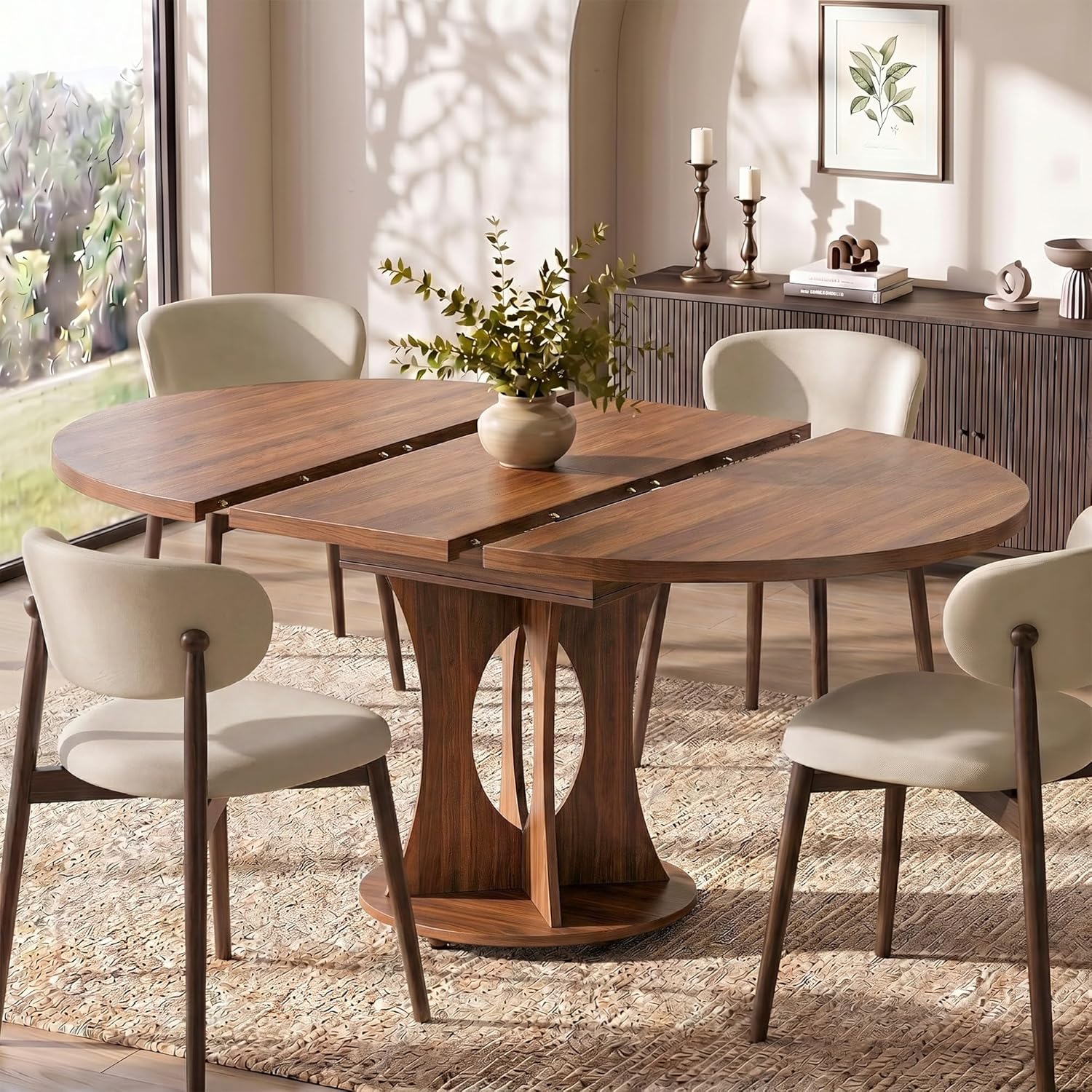 Einhomn 43-59" Extendable Round Dining Table, Kitchen Table for 4-8, Farmhouse Circle Dining Room Table with Removable Leaves,Hidden Storage, Space Saving Wood Kitchen & Dining Room Furniture, Walnut