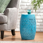 12.25" Side Table, Lace Cut Metal End Table for Outdoor & Indoor Use, Barrel Shape Accent Table for Garden, Patio, Living Room, Backyard Decor,No Assembly Needed,Blue