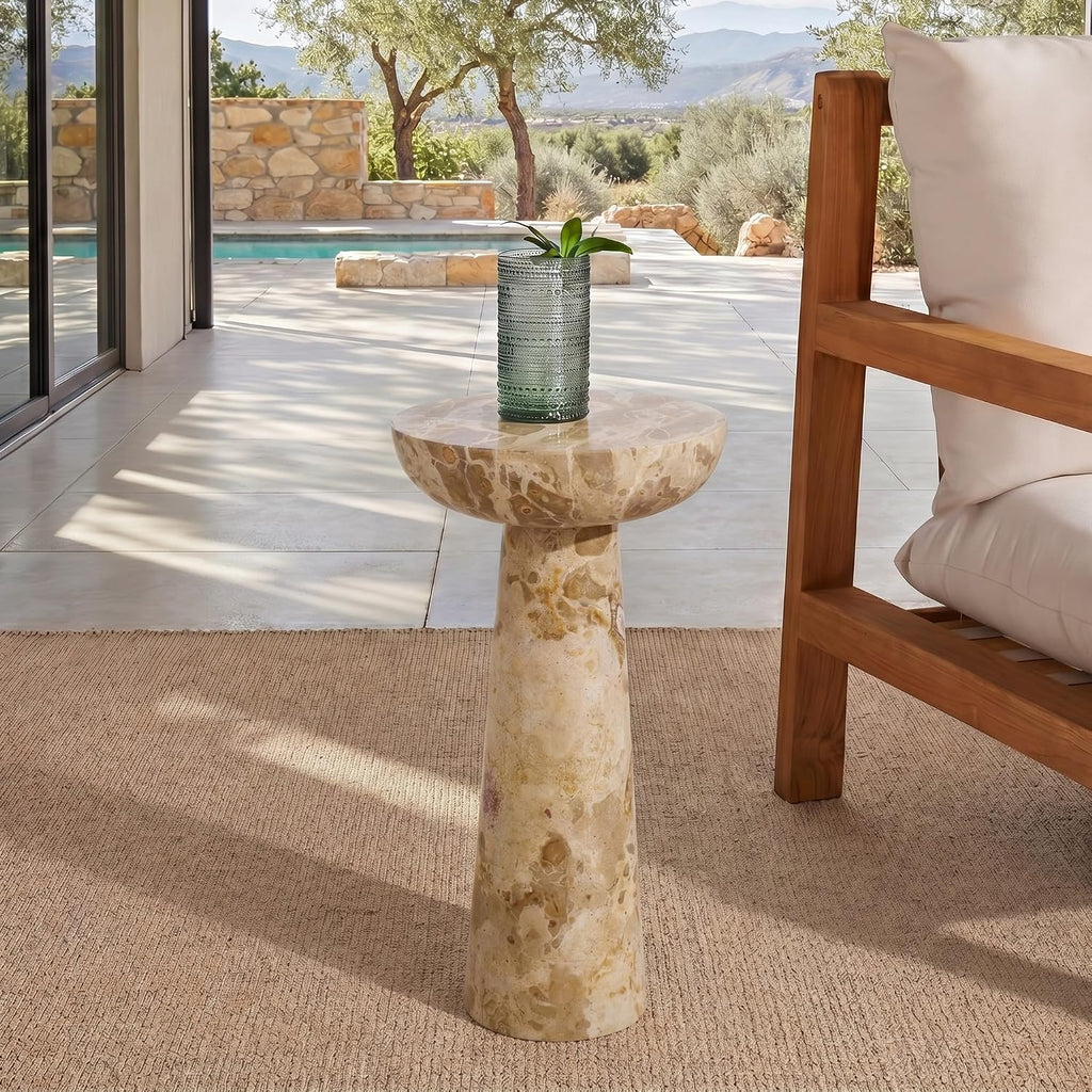 SAFAVIEH Couture Collection – Glendale Beige Round Marble Accent Table, Stone Pedestal Side Table, Modern Sculptural Design (SFV9766B)
