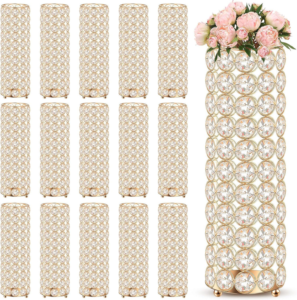 Dandat 16 Pcs Crystal Flower Vase 10.24 Inch Gold Wedding Centerpieces for Tables Vase Centerpiece Table Decorations for Room Home Wedding Party Events Decor