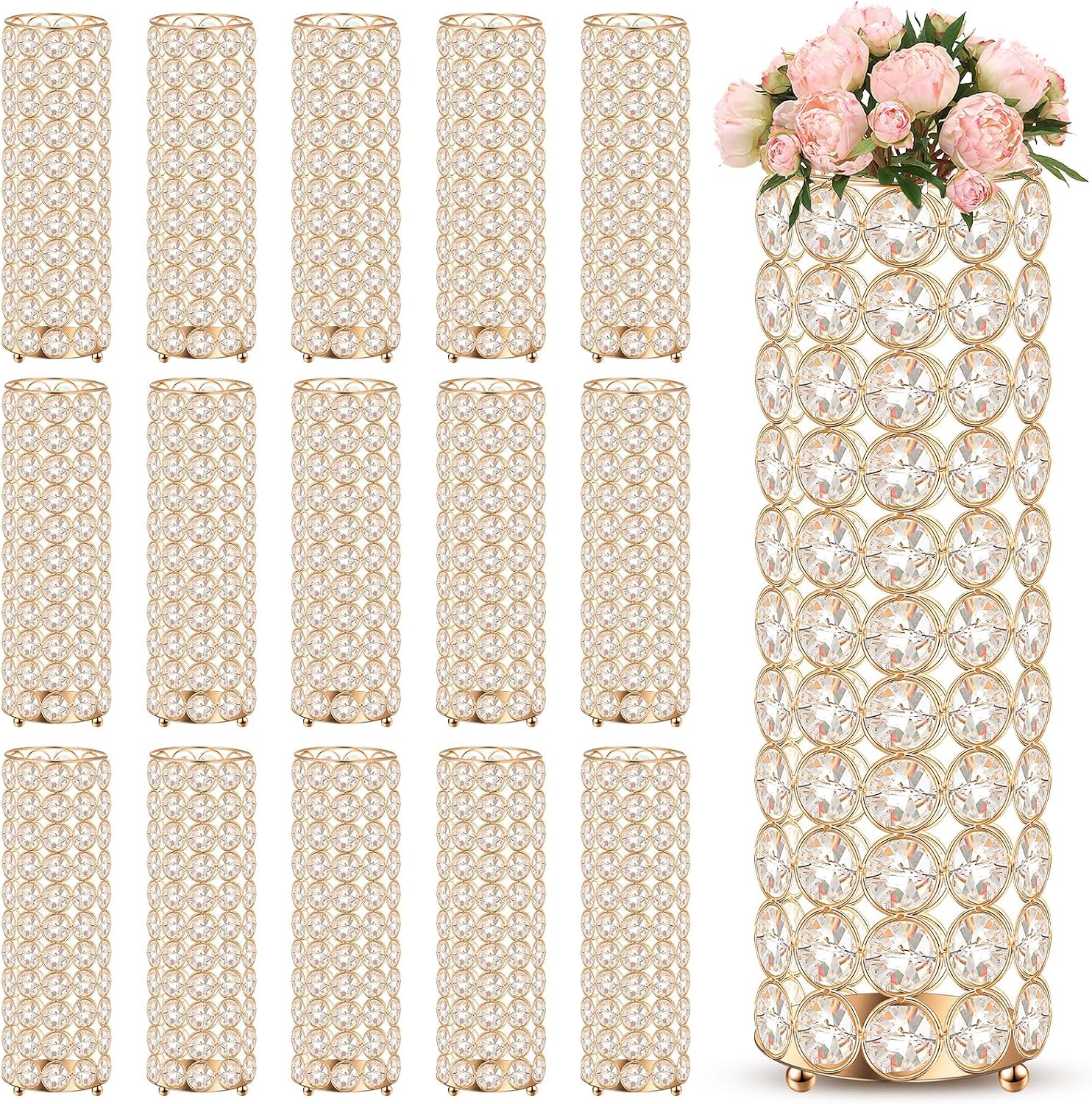Dandat 16 Pcs Crystal Flower Vase 10.24 Inch Gold Wedding Centerpieces for Tables Vase Centerpiece Table Decorations for Room Home Wedding Party Events Decor