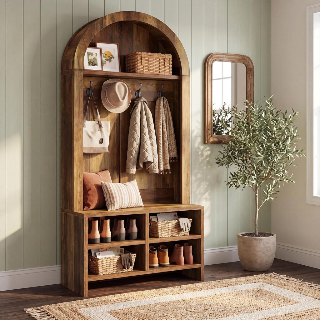 Tribesigns 70.8" Arched Coat Rack, 4-in-1 Hall Tree with Bench and Shoe Storage, Freestanding Coat Tree Rack with 4 Hooks & Adjustable Cubbies, for Mudroom, Entryway, Bedroom, Rustic Brown