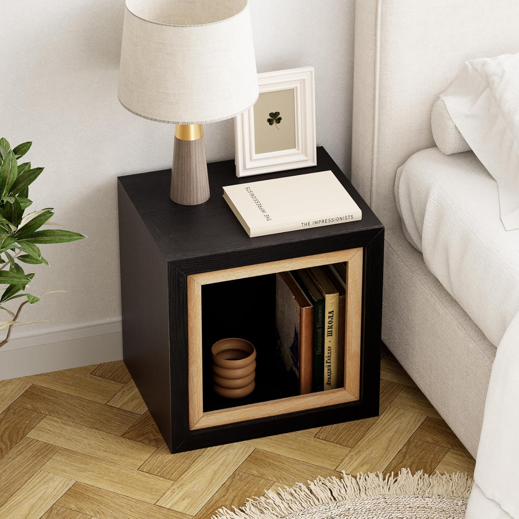 Aoikax Modern Cube End Table with Open Center Shelf, Geometric Wood Side Table with Hollow Storage, Minimalist Nightstand with Rectangular Shape for Living Room, Entryway, Office, Small Spaces, Black