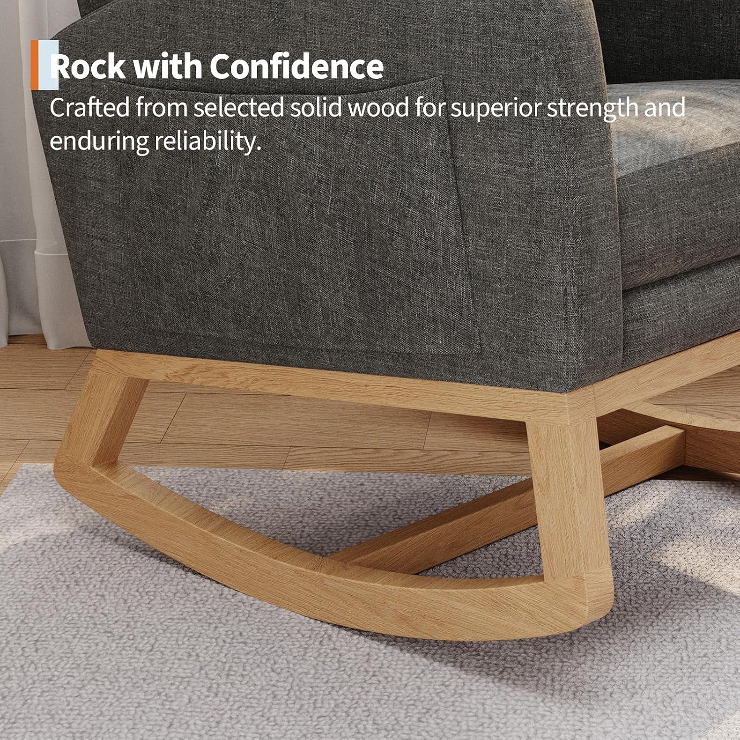 Modern Rocking Chair for Living Room, Comfortable Recliner Rocker with Side Pocket, Soft Linen Upholstered Glider Chair for Bedroom, Nursery, Lounge-Grey