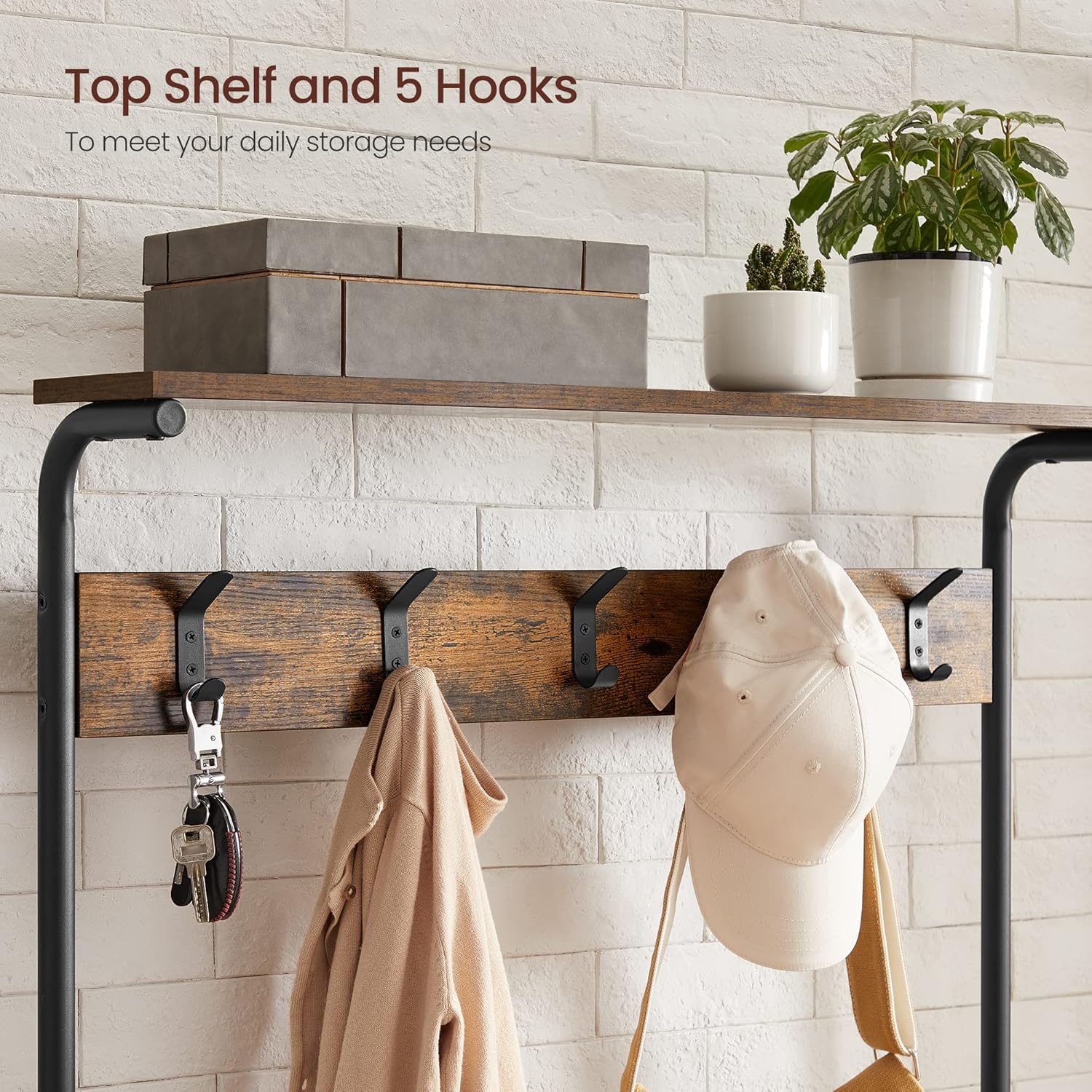 VASAGLE Hall Tree with Shoe Bench, Coat Rack Shoe Bench, 5-Tier Shoe Rack Different Heights, 5 Dual Hooks, Top Shelf, Entryway Organizer, Hallway Bedroom Dorm, Rustic Brown and Black UHSR408B01