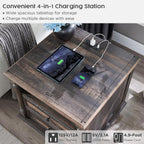 T4TREAM 24'' Farmhouse End Table w/4 Solid Wood Feet Set of 2, Large 2 Drawers Sofa Side Table with Charging Station, Rustic Wood Square Nightstand for Living Room, Bedroom, Office, Dark Rustic Oak