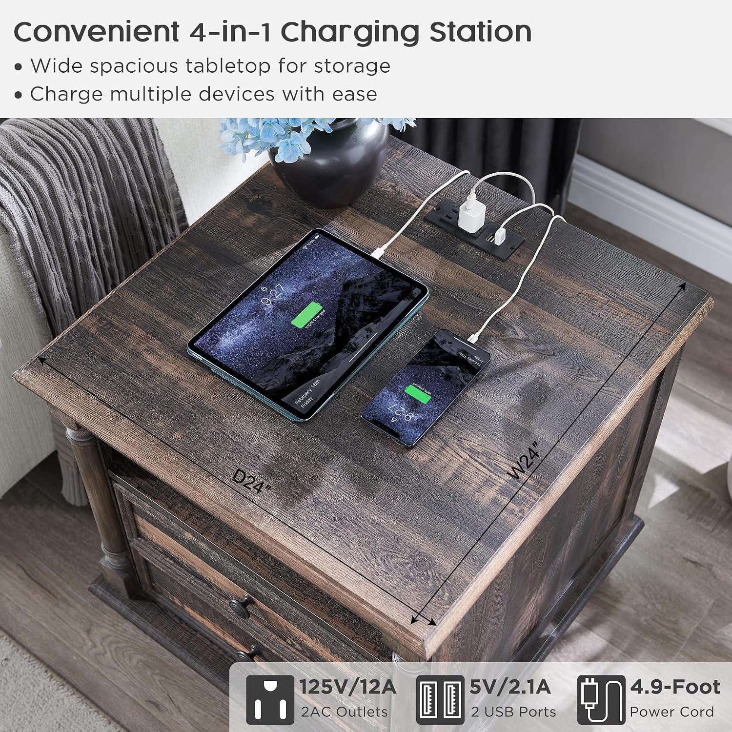 T4TREAM 24'' Farmhouse End Table w/4 Solid Wood Feet Set of 2, Large 2 Drawers Sofa Side Table with Charging Station, Rustic Wood Square Nightstand for Living Room, Bedroom, Office, Dark Rustic Oak