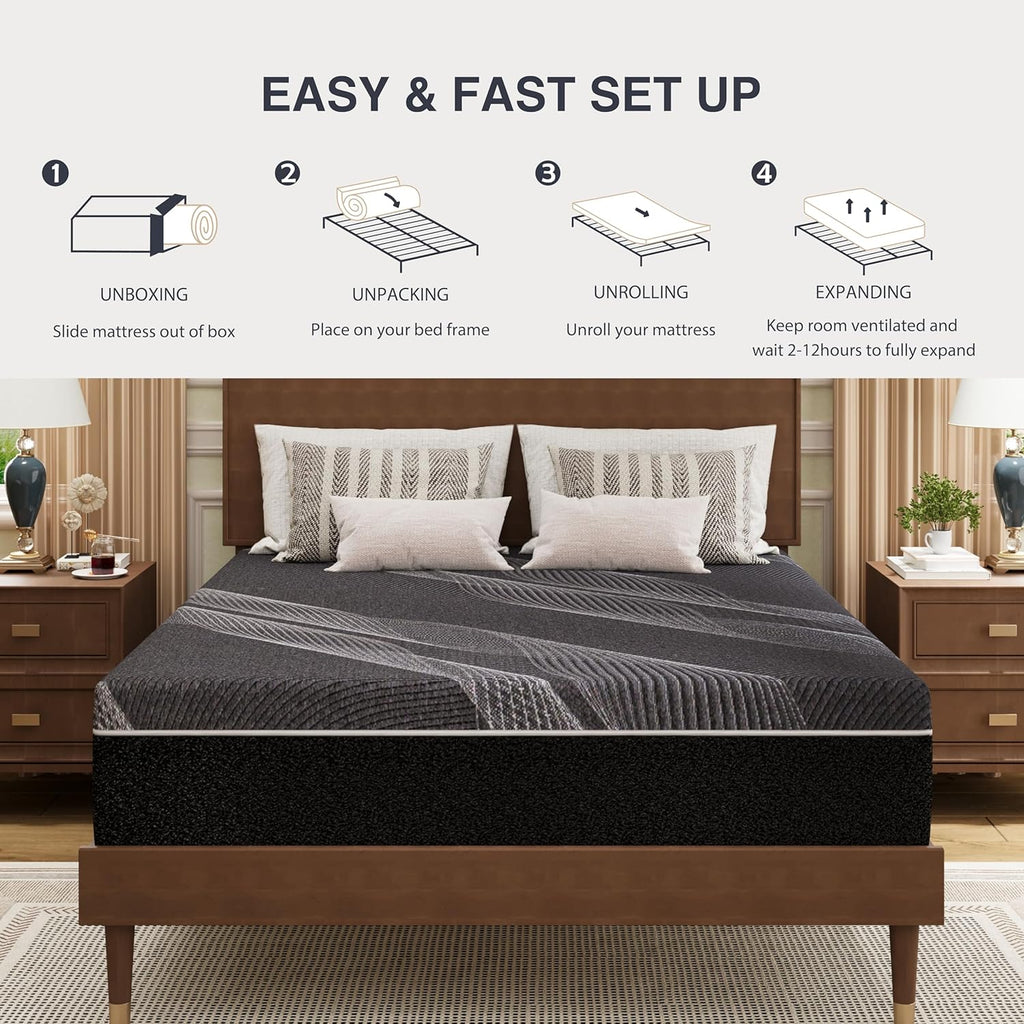 Dyonery Queen Size Mattress, 10 Inch Gel Memory Foam, Cooling & Back Pain Relief, Fiberglass Free, CertiPUR-US Certified, Foam Made in USA, Medium