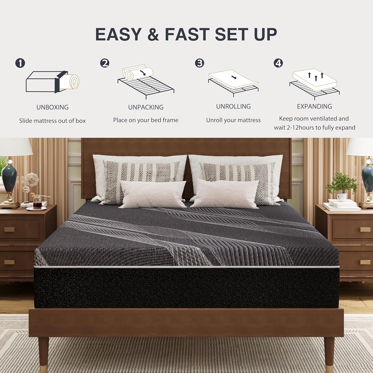 Dyonery Queen Size Mattress, 10 Inch Gel Memory Foam, Cooling & Back Pain Relief, Fiberglass Free, CertiPUR-US Certified, Foam Made in USA, Medium